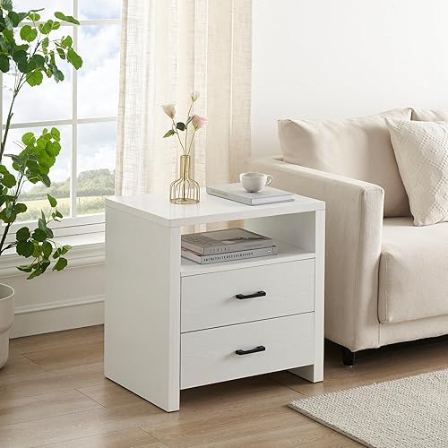 Miniatura 6 de IDEALHOUSE Mesita de noche blanca con luces LED, mesita de noche LED con 2 cajones y estante de almacenamiento, mesa auxiliar moderna, mesita de