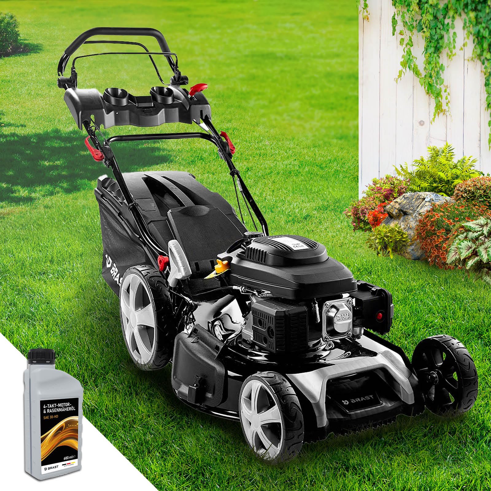 BRAST Benzin Rasenmäher mit Antrieb | 5,2kW (7PS) | 55cm Schnittbreite | viele Modelle | TÜV | 30-80mm Schnitthöhe | 60L Fangkorb | 4 Takt OHV Motor | Stahlgehäuse