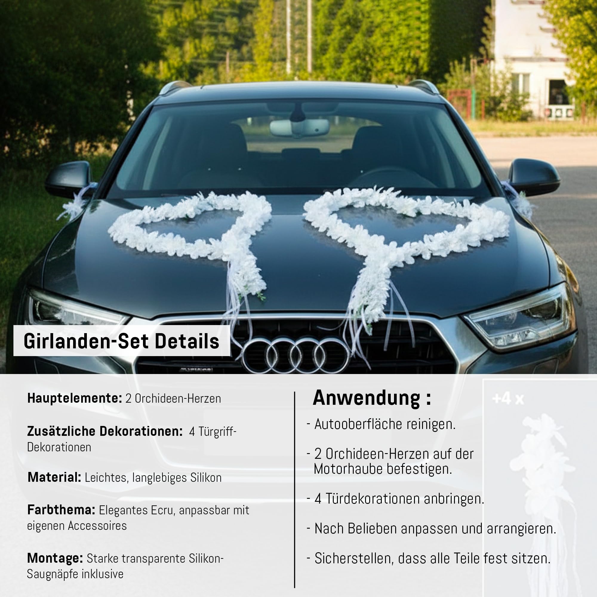 ORCHIDEEN Herzen Braut Paar Rose Deko Dekoration Hochzeit Car Auto Wedding ®Auto-schmuck Deko Girlande PKW (reinweiß)