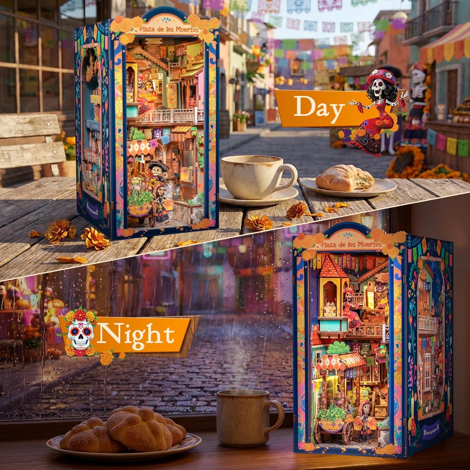 Cutefun DIY Book Nook Kits for Adults Mexican Art and Culture, Decorative Bookends for Bookshelf with LED Light & Dust Cover, 3D Wooden Puzzle Booknook for Teens Creative Gifts (Plaza de Los Muertos)