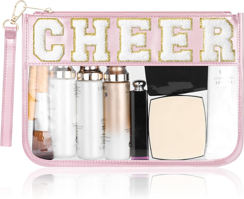 Necessaire BuyCard Cheer rosa com letras chenille, painel transparente e zíper