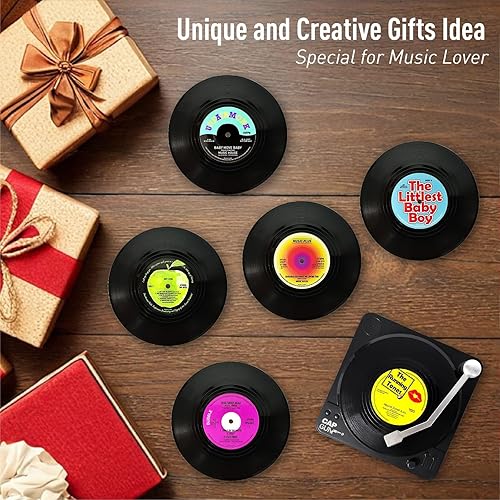 Miniatura 5 de Divertidos posavasos de vinilo retro, juego de 6 posavasos creativos con soporte para reproductor de vinilo para amantes de la música, regalos para