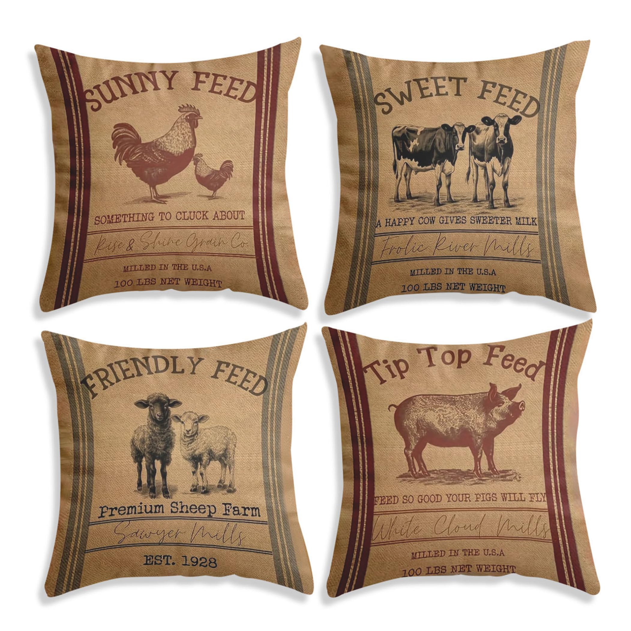 StaZamor 4Pcs Brown 18x18 Inch Farmhouse Pillow Covers, Breathable Linen Vintage Throw Cushion Covers with Retro Farm Animal Prints, Rustic Home Decor