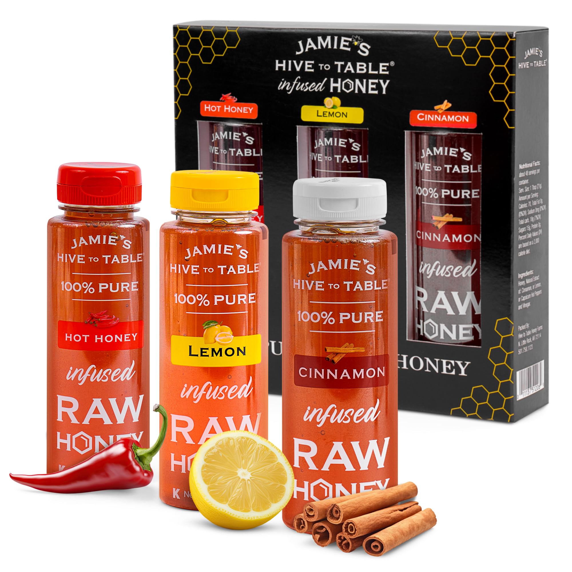 Jamie's Hive to Table Infused Honey Gift Set – Hot, Lemon, and Cinnamon Flavors, 36 Oz, Pack of 3 Squeeze Bottles – 100% Natural Raw Honey