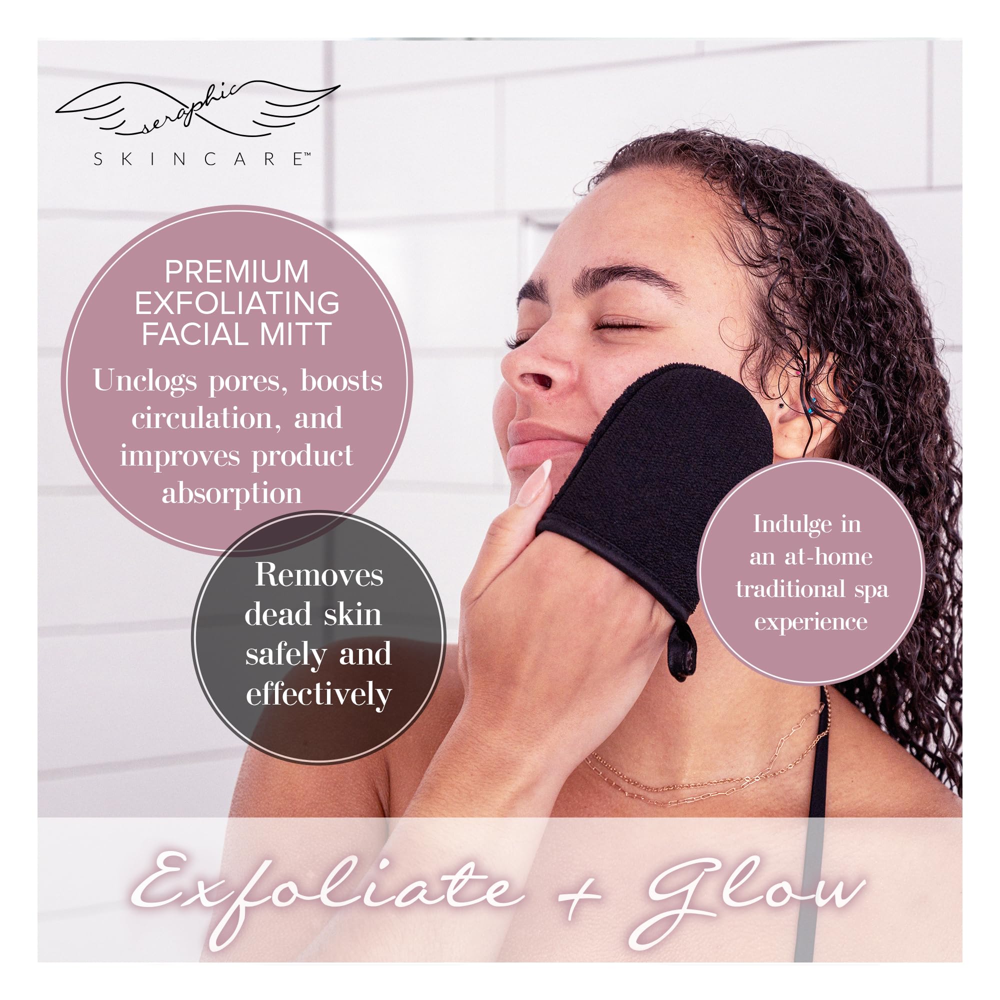 Seraphic Skincare Premium Exfoliating Facial Mitt, 100% Vegan Dual-Sided Face Mitten with Viscose & Washcloth - Image 2