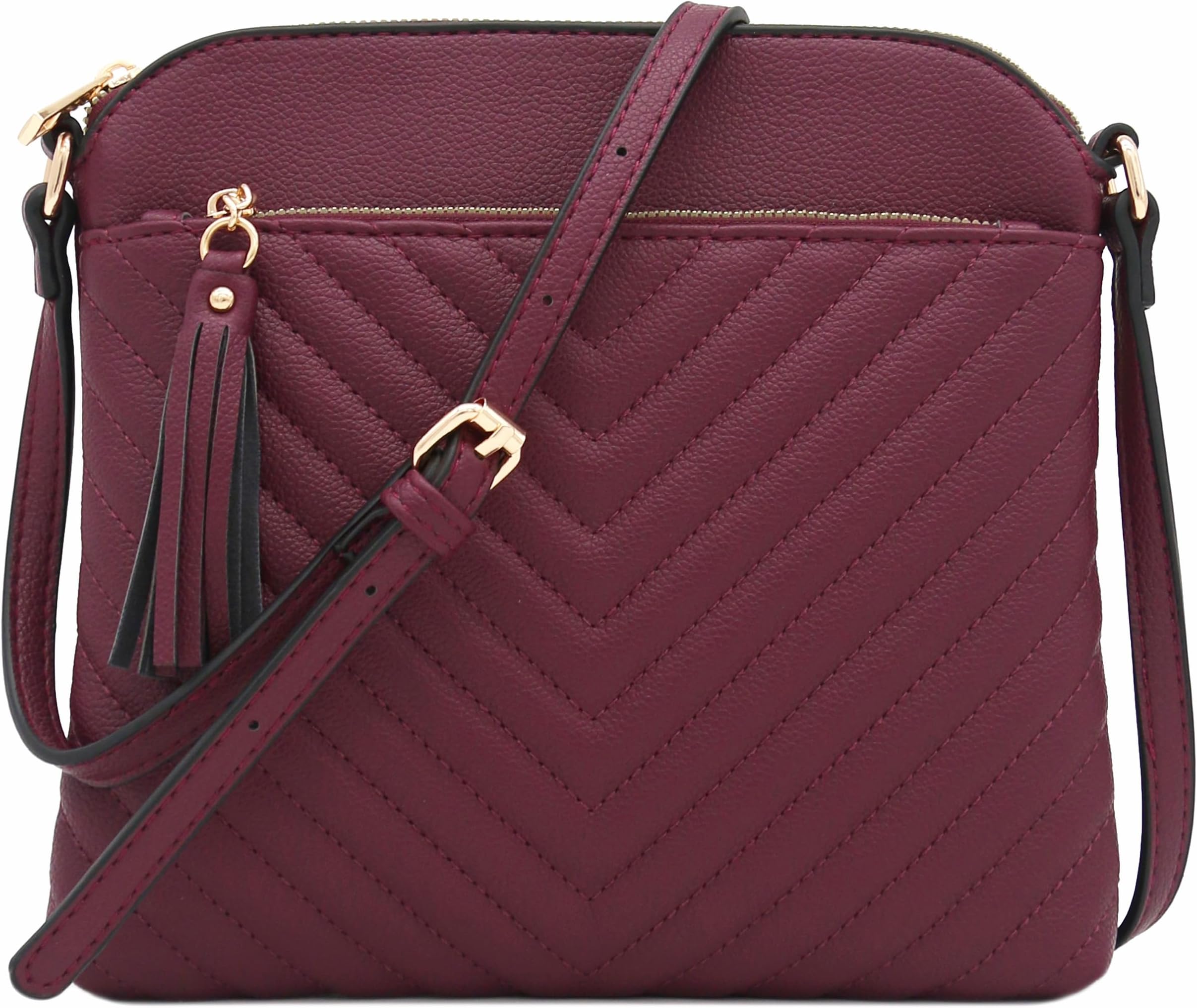 Chevron Quilted Medium Crossbody Bag with Tassel Accent