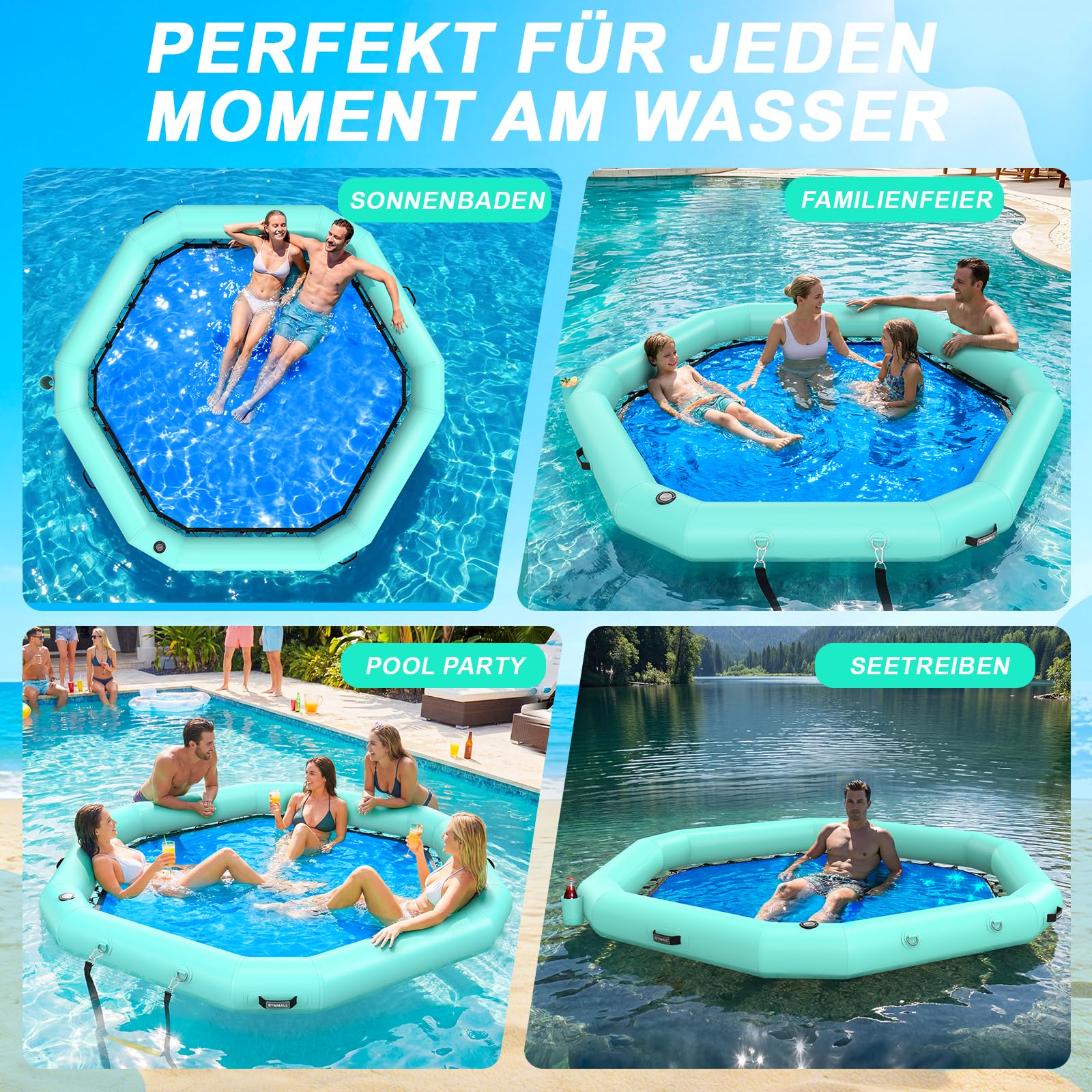 Aufblasbares Schwimmdock 240cm, Sechseckig mit Netz | Strapazierfähiges PVC, Langlebig, Stabil. Für Pool, See, Strand. Netzmitte zum Entspannen. Schnell Aufblasbar, Tragbar