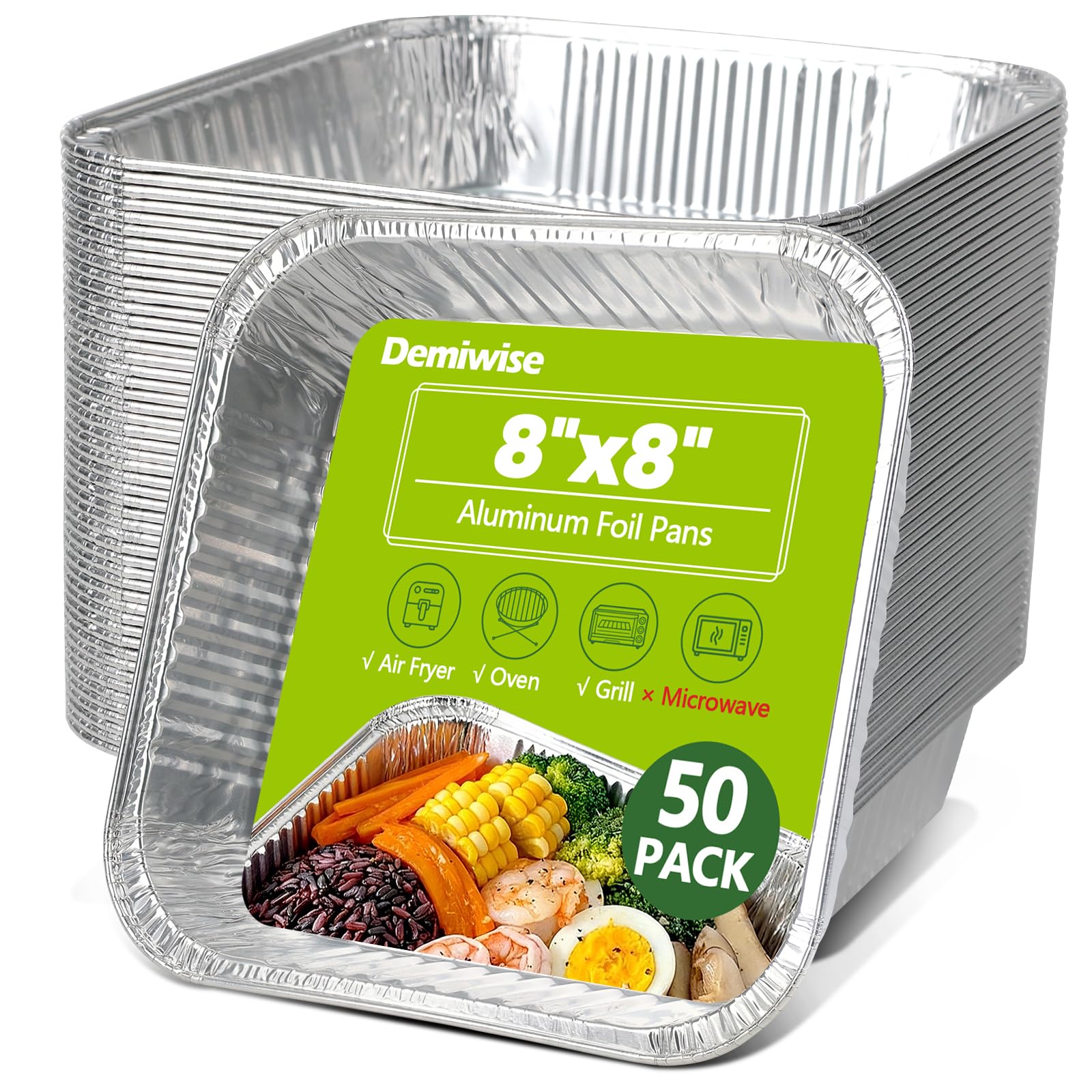 Thickened 50 Pack Heavy Duty Aluminum Pans, 8x8 Small Disposable Aluminum Baking Pans, Square Tin Foil Roasting Tray for Cooking, Meal Prep, Catering, Events, Carton Packaging