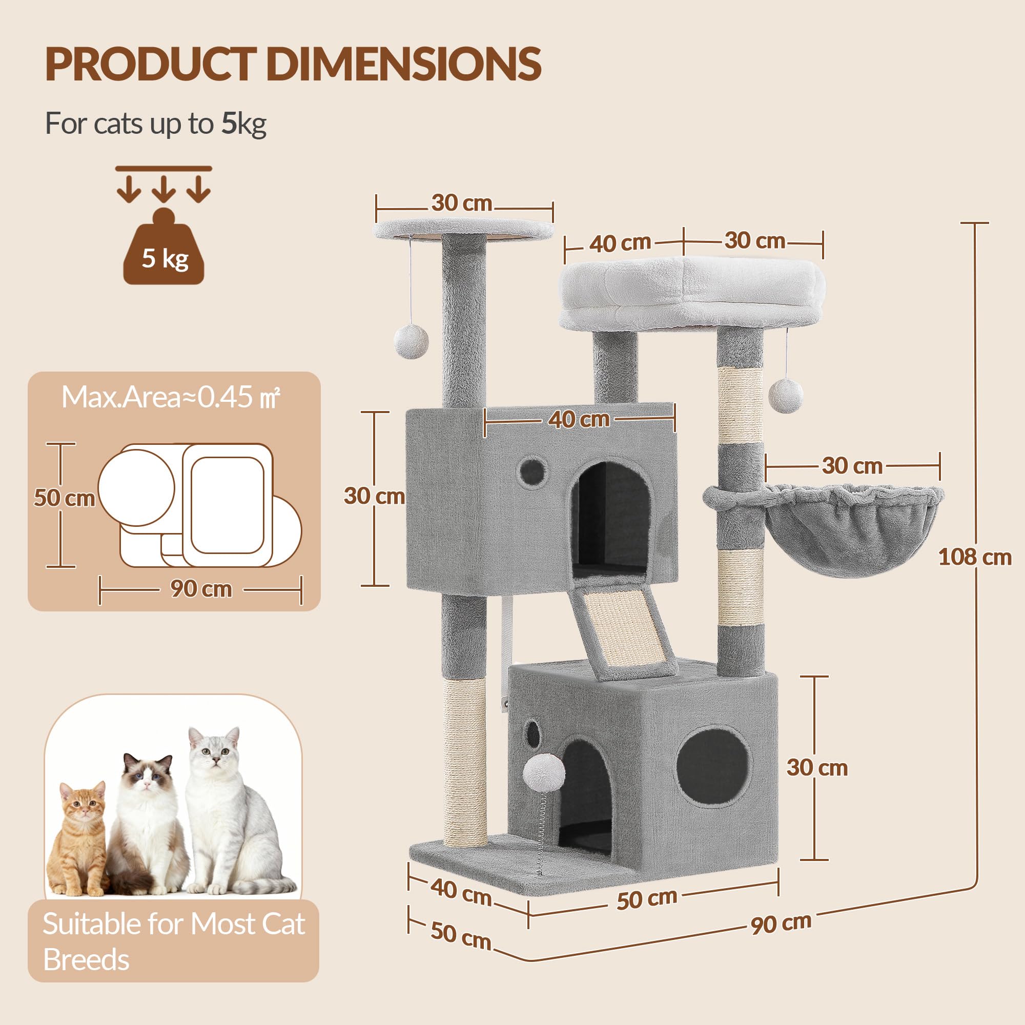 Kratzbaum für Indoor-Katzen, 108 cm, mehrstufiger Katzenkletterturm mit 2 Höhlen, Hängematte, Sisal-Kratzbäume & Brett, interaktives Spielzeug, abnehmbares Kissen, Hellgrau, 50 x 40 x 108 cm