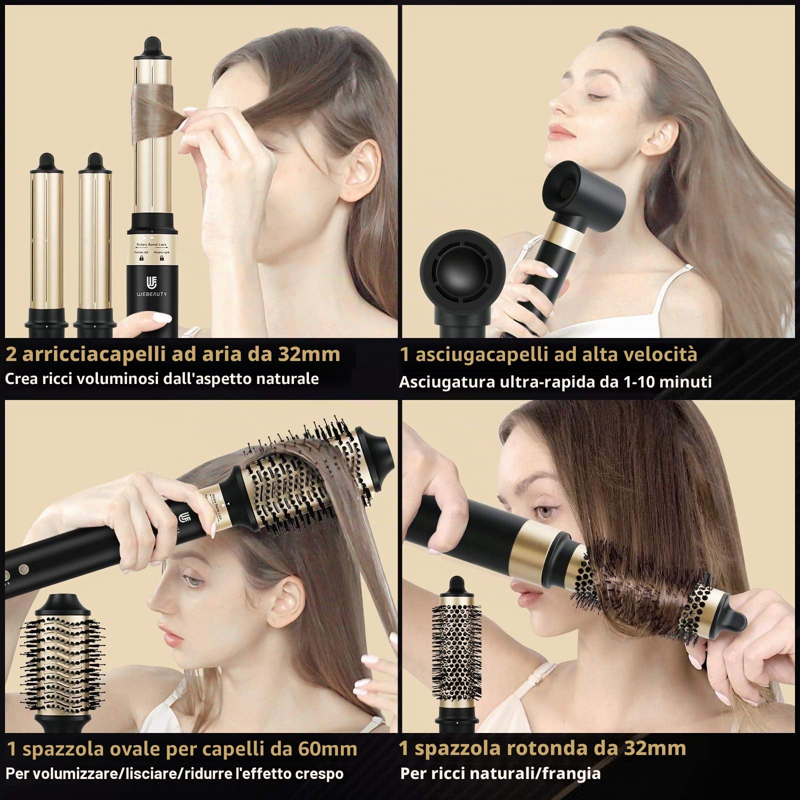 webeauty Airstyler 5 in 1, 110,000 giri/min, asciugacapelli 20 M/S, 200 milioni di ioni negativi con spazzola ad aria calda, spazzola per asciugacapelli, arricciacapelli ad aria, Nero