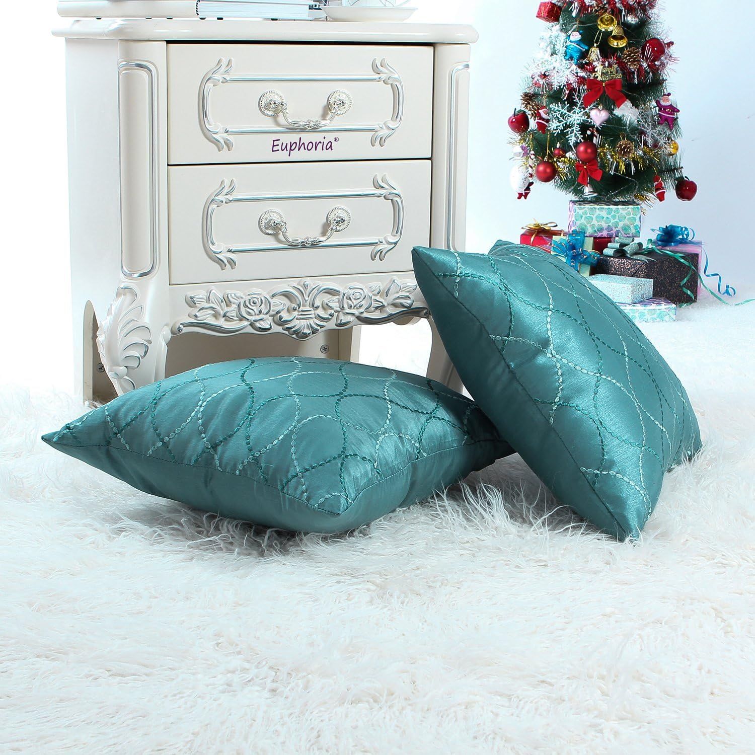 CaliTime Pack of 2 Cushion Covers Throw Pillow Cases Shells for Home Sofa Couch Modern Waves Lines Embroidered 18 X 18 Inches Teal