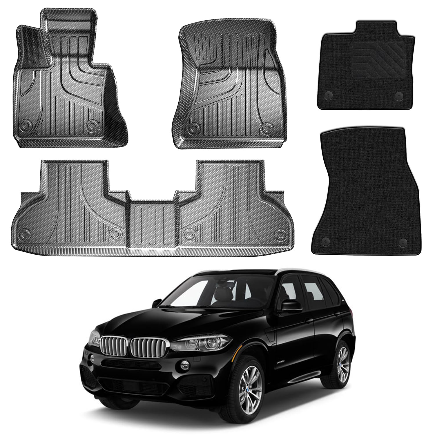 Upgrade Floor Mats Fit for BMW X5 2014-2018 (F15) 1st & 2nd Carbon Fiber Pattern Floor Liners & Black Fabric Front Carpets, 5-PC All Weather Anti-Slip Waterproof Mats