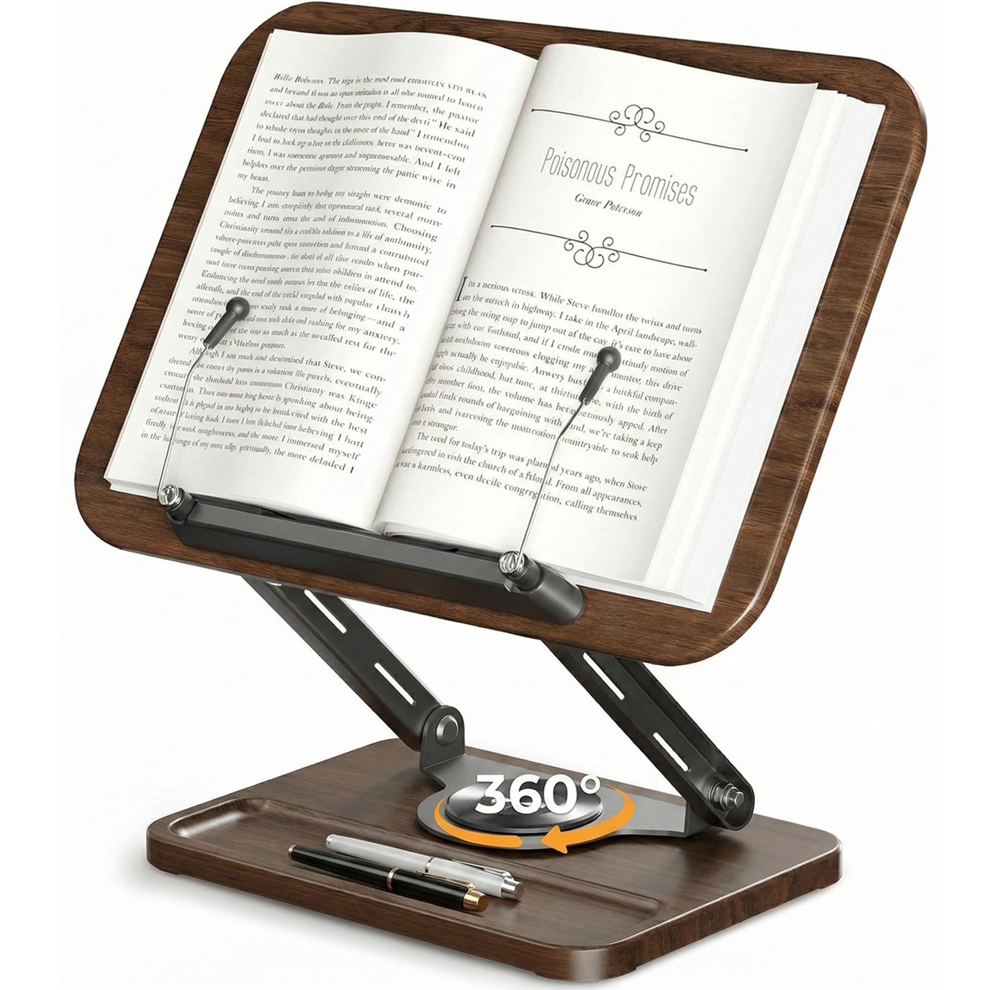 SupeDesk Buchständer zum Lesen, Buchhalter mit 360° drehbarer hölzerner Basis & Stiftschlitz, verstellbarer Holz-Buchhalter Leseständer mit elastischem Kugel-Seitenclip für Zeitschrift,Tablet,Laptop