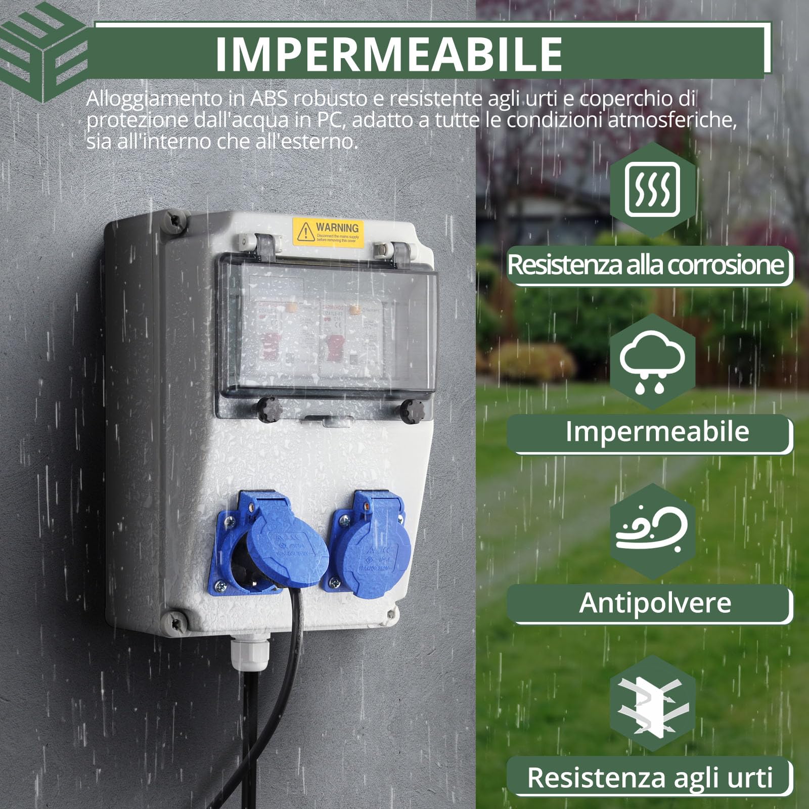 EYPINS Distributore di Corrente da Cantiere,2x 230V,Quadro Elettrico Esterno da Parete,Protezione LS e FI,Impermeabile,per Giardini, Garage, Officina