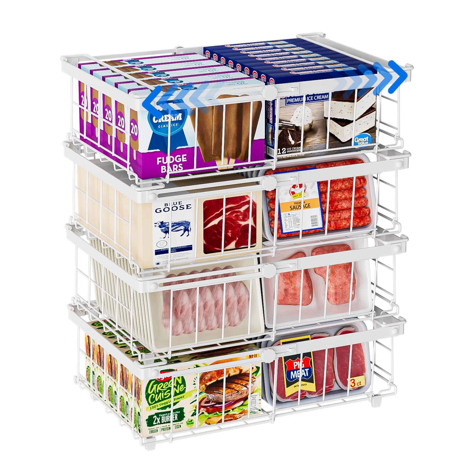 4er Gefrierkörbe Erweiterbare Gefrierschrank Organizer Stapelbar Aufbewahrungskorb Metall Mit Griffen 140L-570L Ausziehbare Länge 29-45.5x30.5x15cm Weiß