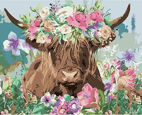 MOGTAA Pintura de vaca por números, kits de pintura al óleo de flores para adultos y niños, pintura por números sobre lienzo, pintura al óleo de