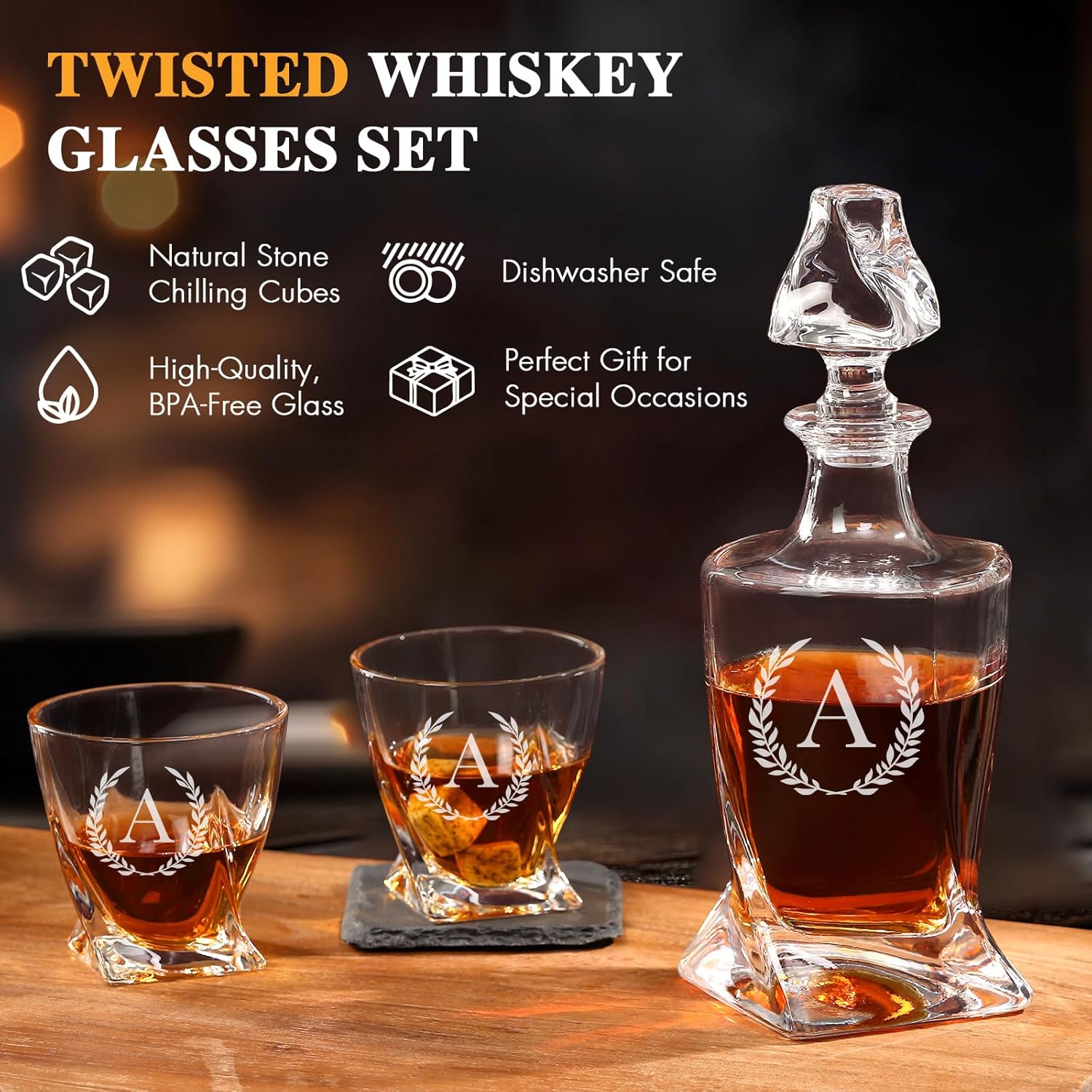 Personalized Whiskey Decanter 28 oz Twisted Whiskey Decanter Set for Liquor Vodka Brandy or Mouthwash Bottle Set for Him, Dad - Premium Set Includes Whiskey Stones (A) - Image 4