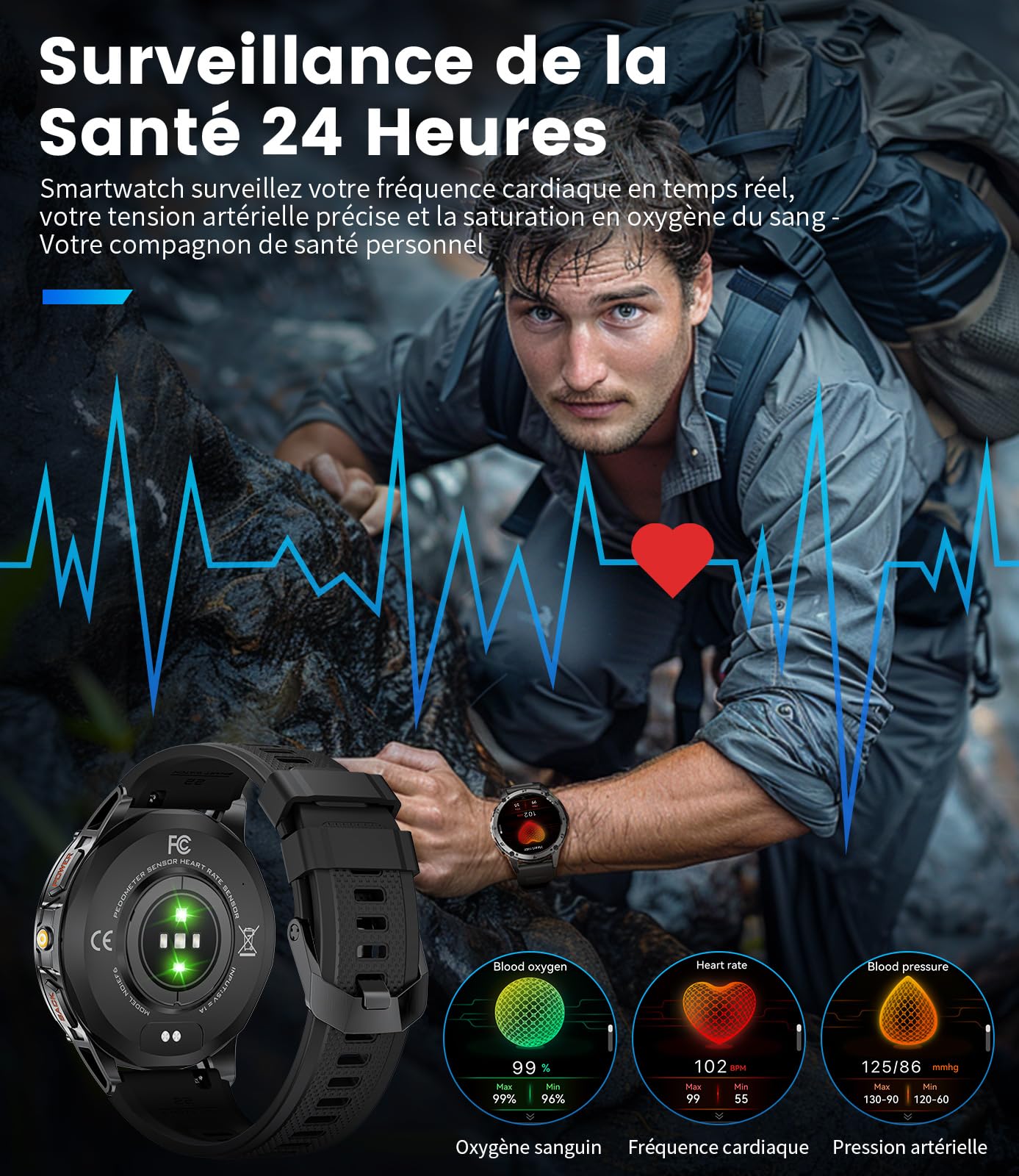 FITFLEX Montre Connectée Homme avec Appel Bluetooth, 1.43'' AMOLED Smartwatch avec Lampe Torche, 530mAh, Moniteur de Sommeil, IP68 Étanche, 120+ Sportifs Montre Intelligente pour Android iOS