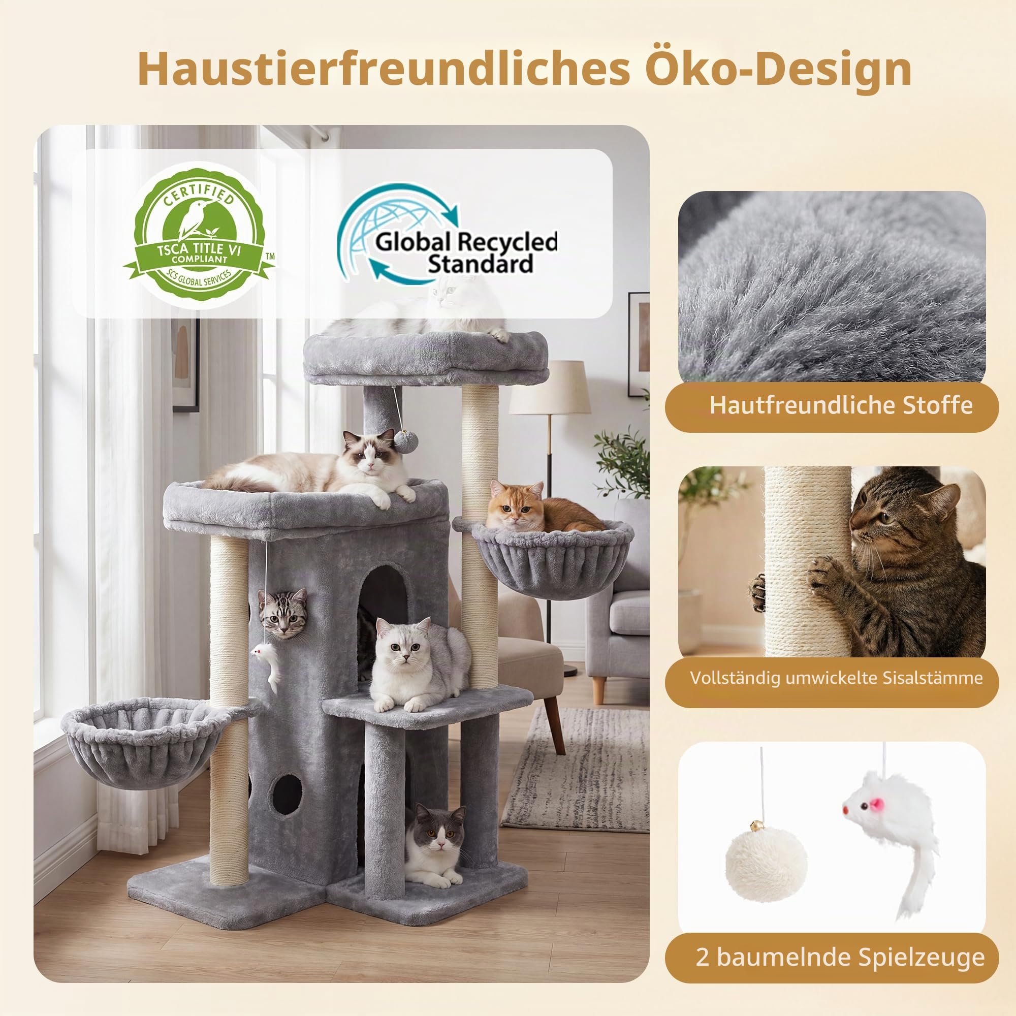 Heybly Kratzbaum 105 cm mit 2 Plattformen und Körben, 2 Plattformen Oben, Doppelte Höhle, 2 Katzenkörbe, Sisalpfosten, Katzenspielzeug, Mehrstöckiges Katzenmöbel Für Innenräume, Hellgrau HCT075W