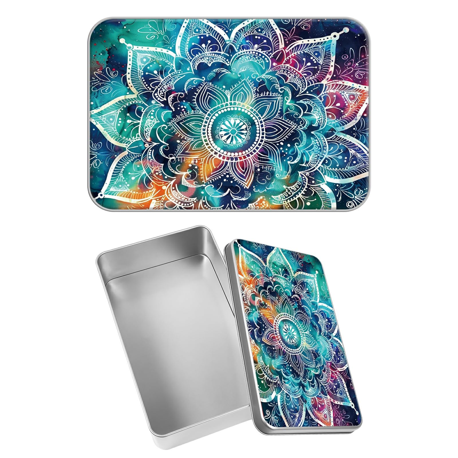 Rectangular Metal Tin Box with Removable Lid, Mandala Galaxy Decorative Printed Metal Storage Container for Jewelry Pen Eraser Pill Candy Craft 4.9 x 3.54 x 1.57 inch– Single Pack
