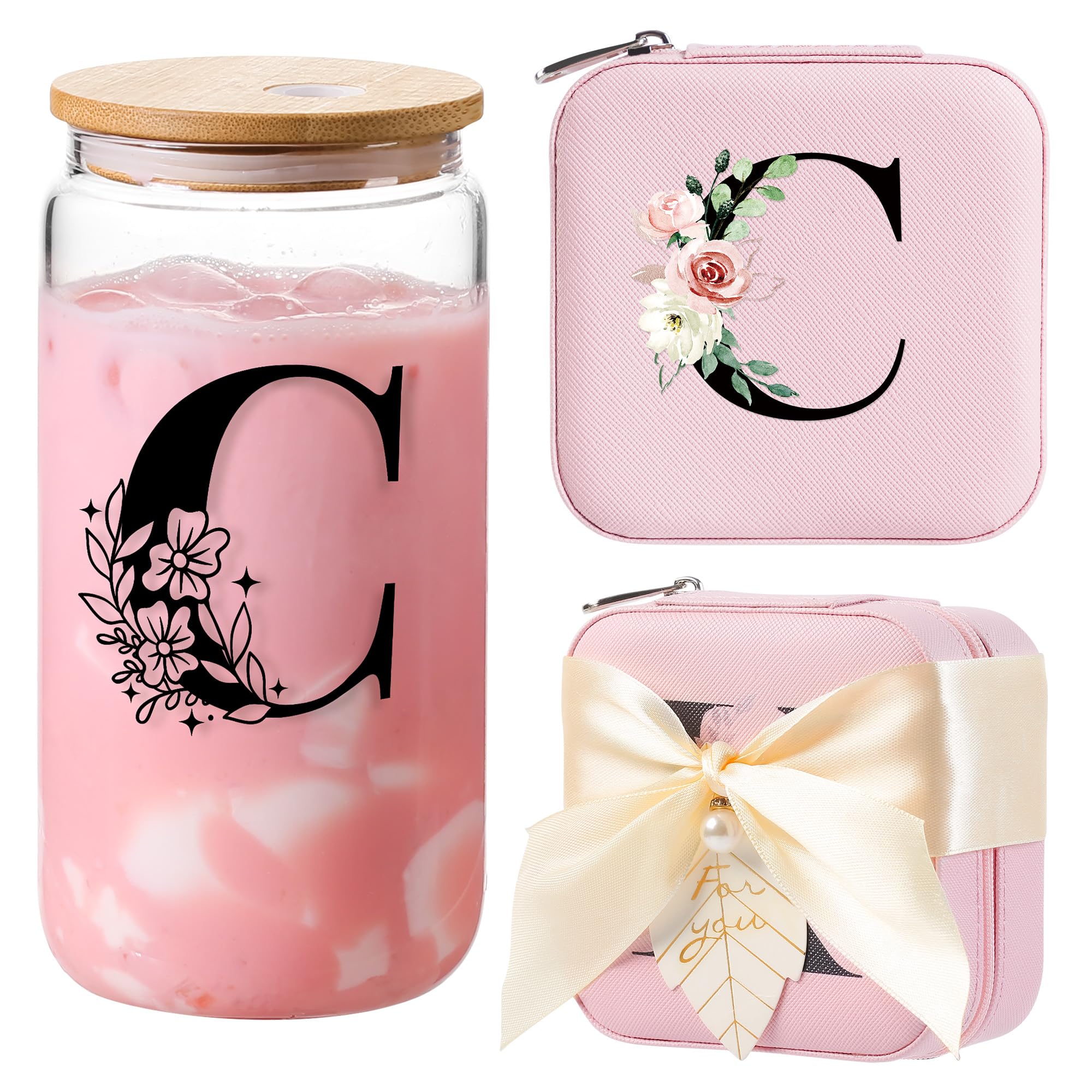 AYGXU Bridesmaid Gifts,18 year old girl birthday gifts,teacher gifts for womens,Drinking glass with Bamboo Lids and Straw,Jewelry Organizer,Travel Essentials Small Jewelry Box,Initial C pink