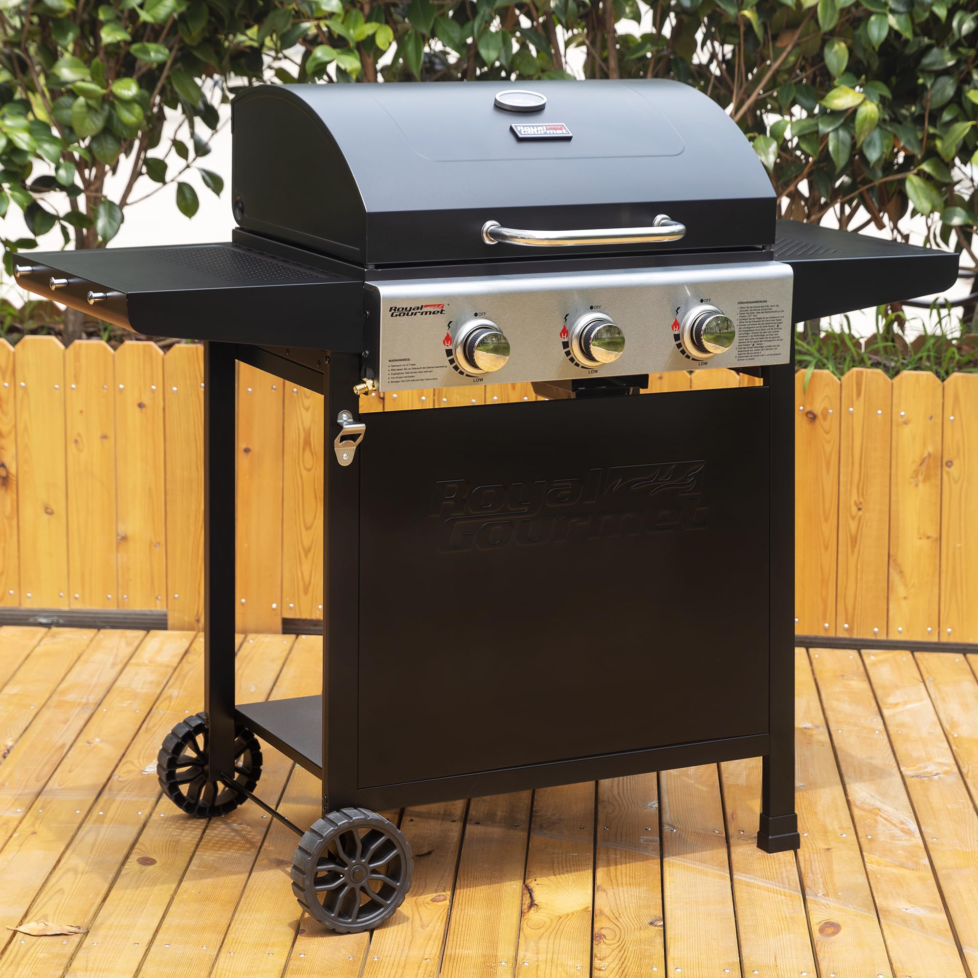 Royal Gourmet Barbecue Gaz sur Chariot, 3 Brûleurs BBQ Gaz avec Capot, Puissance 9kW Propane, 2 Grilles en Émaillée, 2 Table Latérales, Thermomètre Intégré, Adapté pour Jardin et Camping