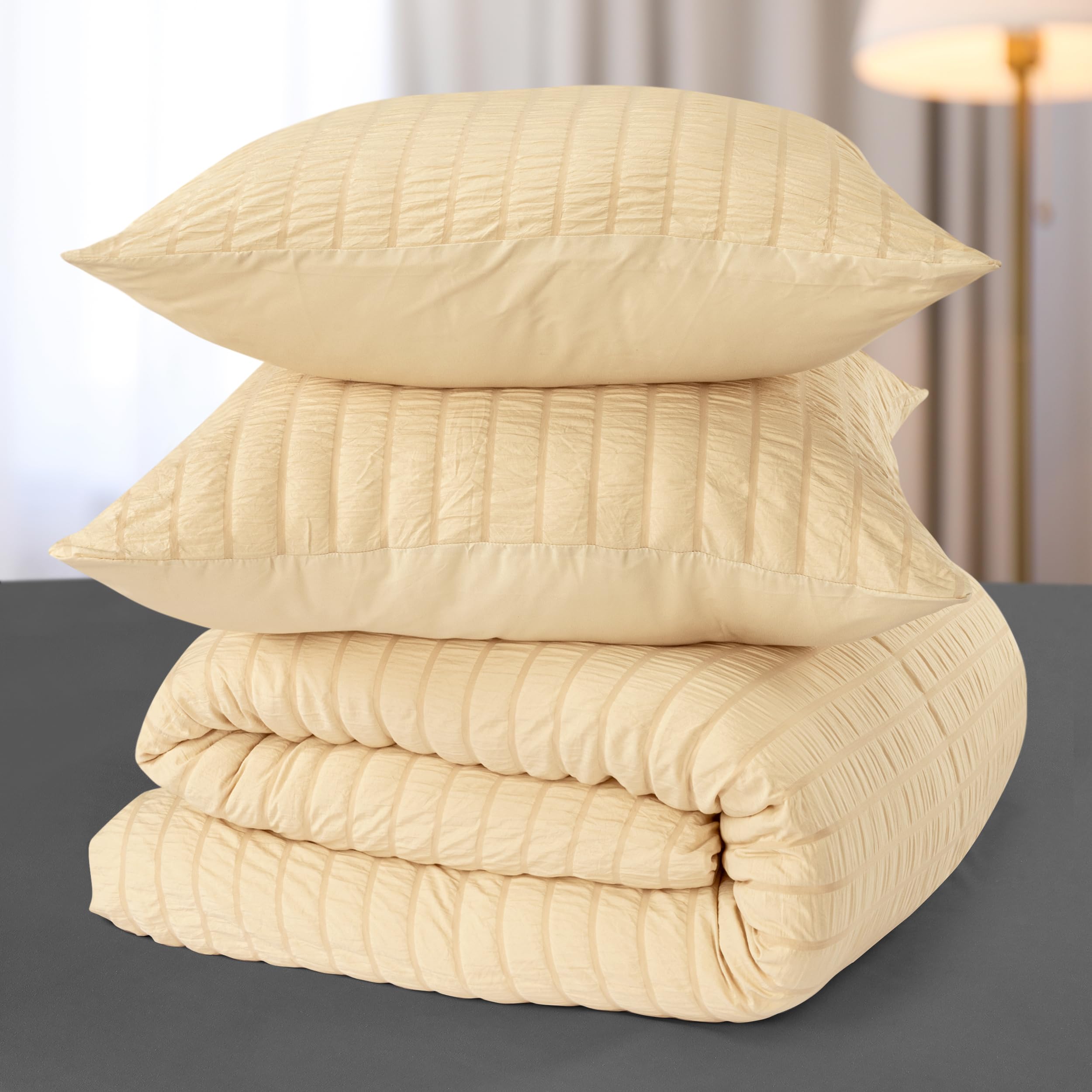 Utopia Bedding Seersucker Copripiumino Una Piazza e Mezza - Microfibra Copripiumino 200x200cm + Federe 80x80cm - Beige