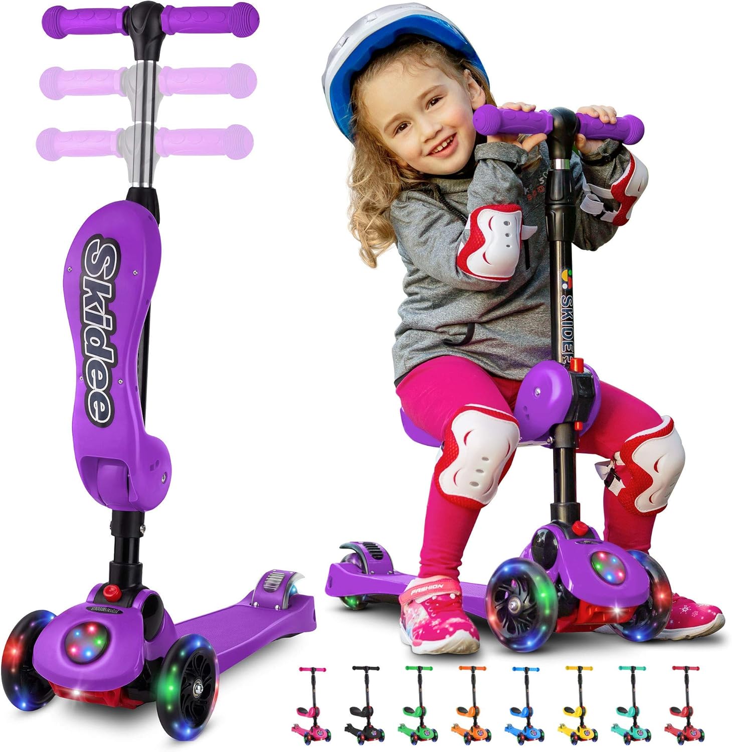 kick scooters for kids ages 3-5 (suitable for 2-12 year old) adjustable height foldable scooter removable seat, 3 led light wheels, rear brake, wide standing board, outdoor activities for boys/girls pink