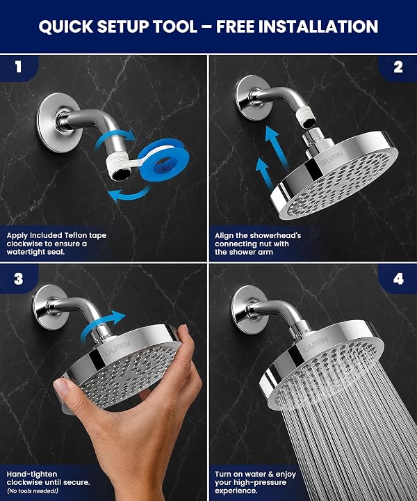 GURIN Shower Head - Powerful High Pressure Rain Shower Head 6 Inch - Luxury Rainfall Showerhead with Adjustable Angles, 90 Anti-Clog Nozzles, Tool-Free 1-Min Install, Premium Polished Chrome Finish by GURIN - Image 4