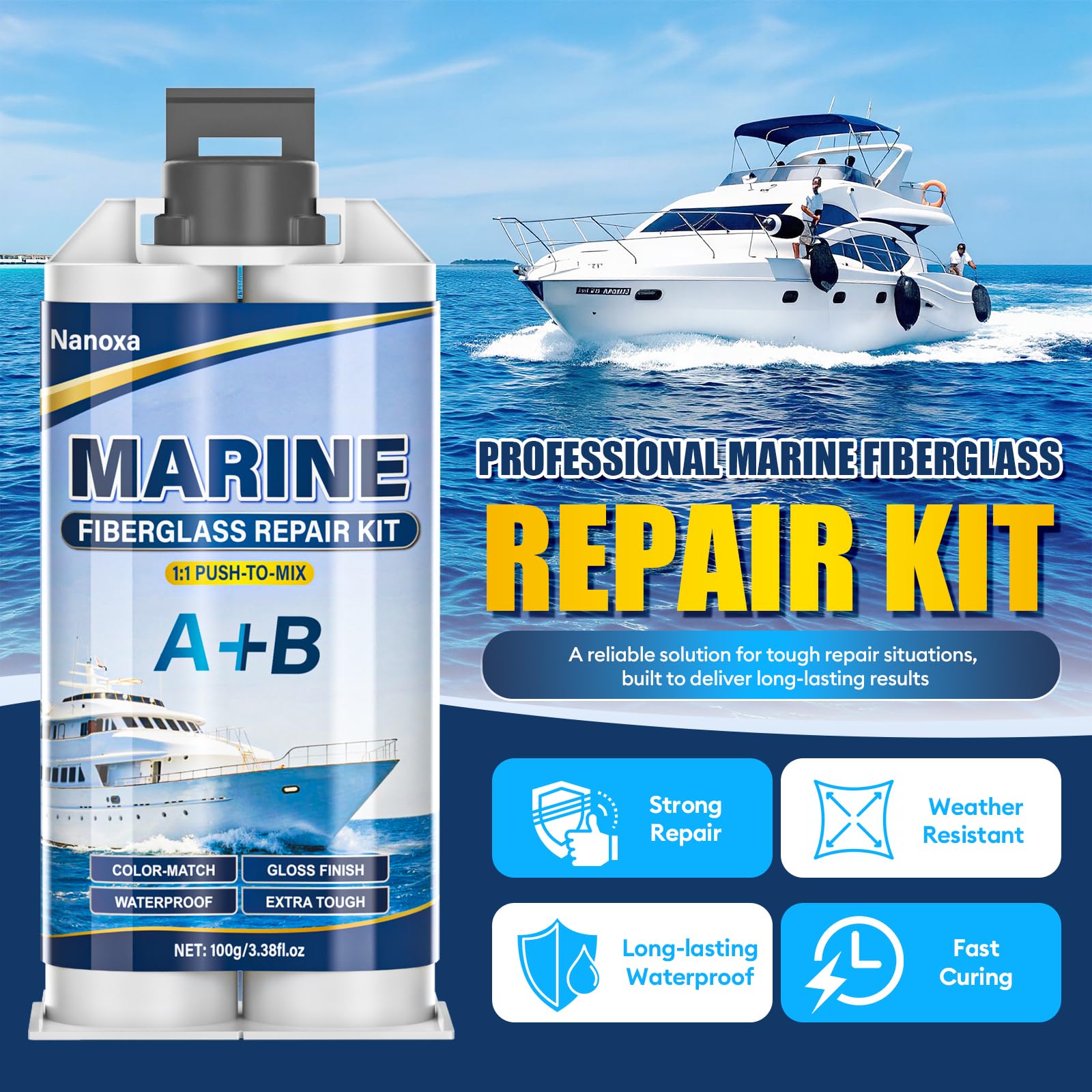 Nanoxa Marine Fiberglass Repair Kit, Gel Coat Repair Kit for Boats with Color Match, Fiberglass Boat Repair Kit, Weather-Resistant Epoxy Filler for Boats Fix Deep Cracks, Chips, Holes & Scratches - 3