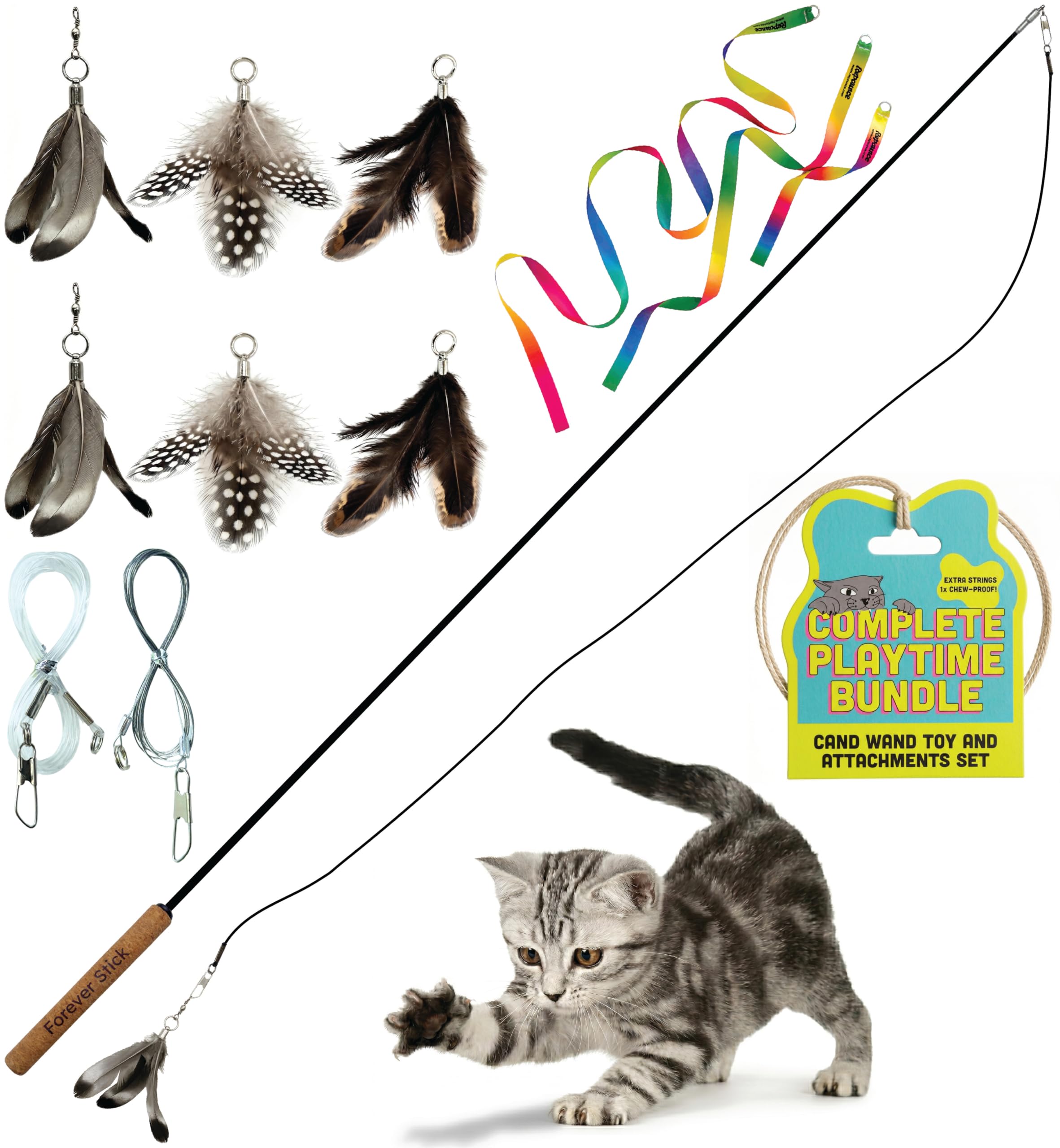 repounce Forever Stick Cat Toys Pack Bundle - The Unbreakable Cat Wand Toy with Extra Cat Wand Strings, Rainbow Ribbons and 6 Feather Toys, Refill Toys Bundle Pack, Replacement Lures Attachment Toys