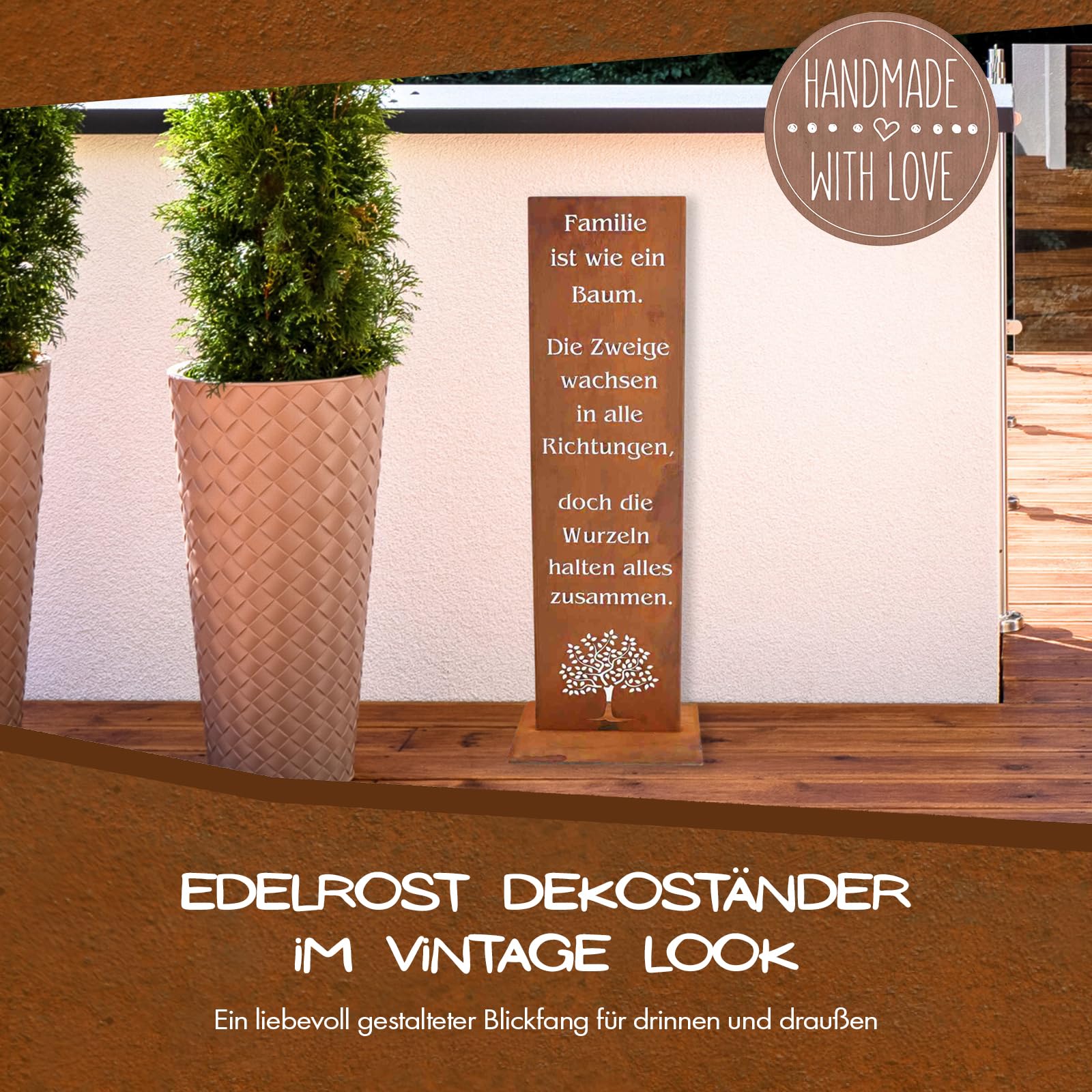 Rostikal Gartenschild Familie 55 cm Edelrost Gartendeko Geschenk wetterfest | Familienspruch mit Lebensbaum aus Cortenstahl - rostige Rostdeko, Landhaus-Stil, Spruchtafel für drinnen und draußen
