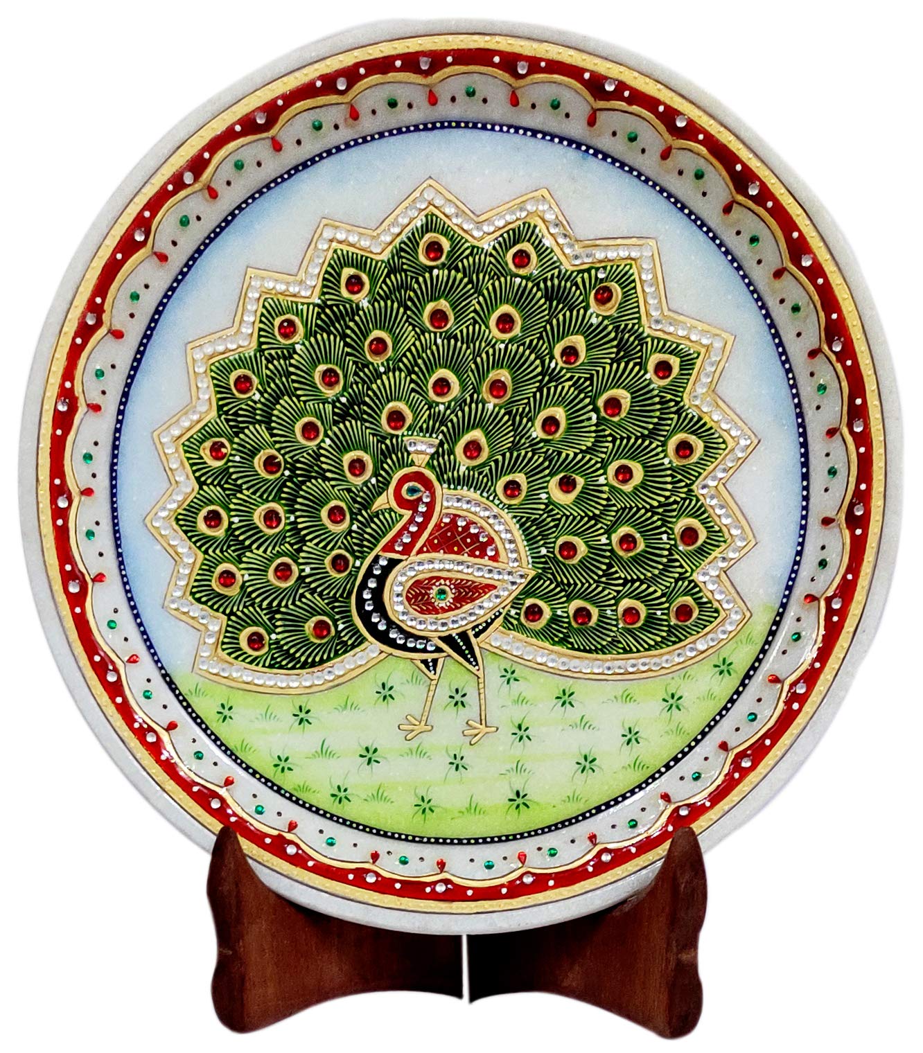 Purpledip Marble Painting Pretty Peacock: Hand Painted Tile with Gold Work & Beads, 9x9 Inches Indian Gift Souvenir (12095A)