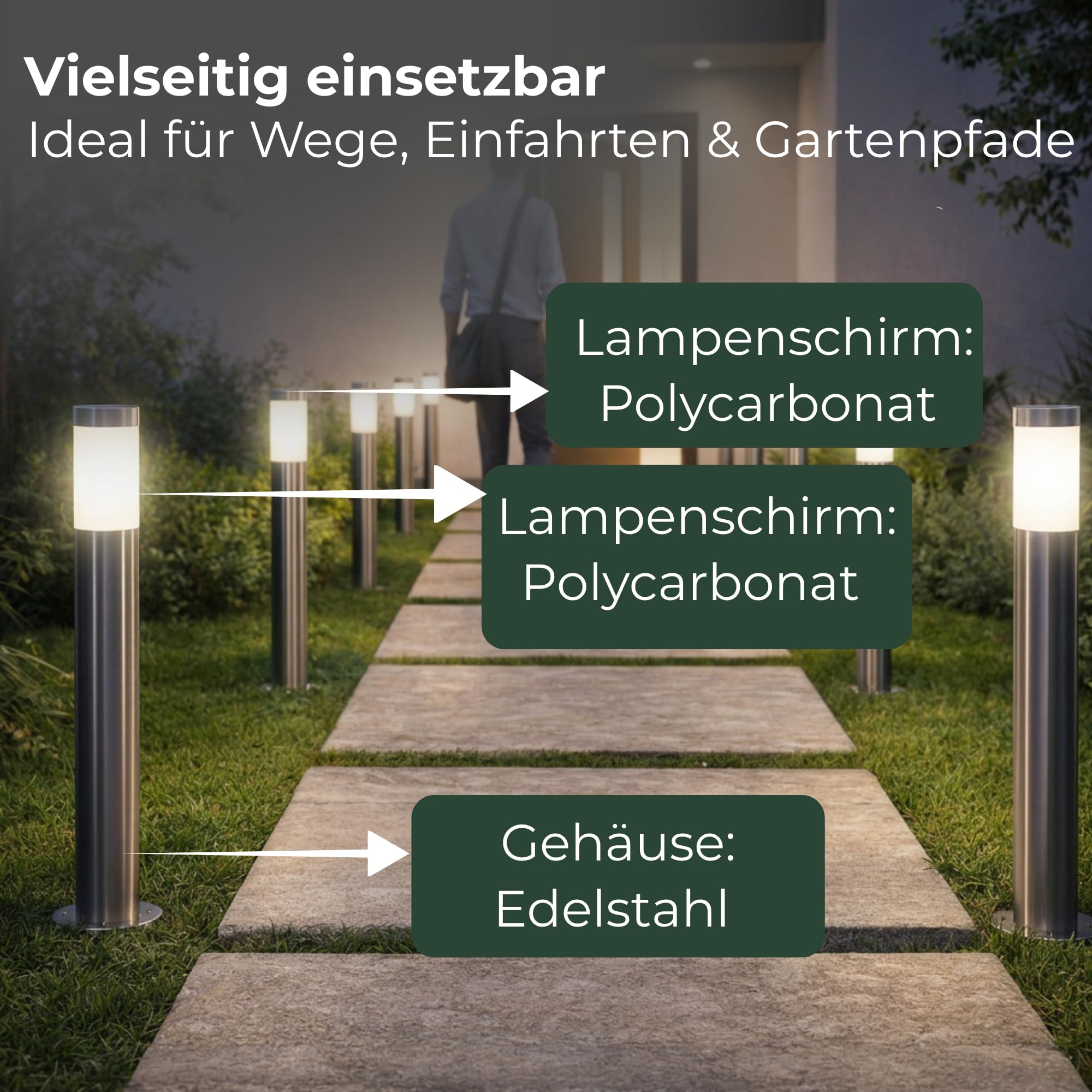 Novatool 2x Gartenlampen I 80 cm I mit Erdspieß I Edelstahl I IP44 I E27 Sockel I Gartenleuchten Stehlampen Säulenlampen außen Außenlampen Aussenleuchten Sockelleuchten Pollerleuchten