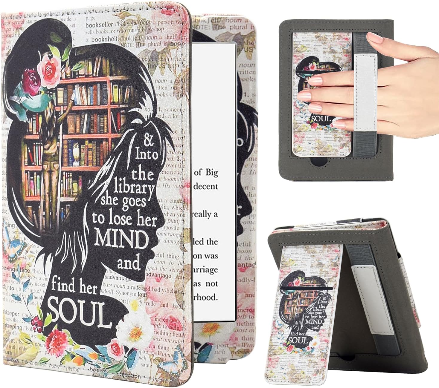 KEROM Case for 6 Inch Kindle 2024 & Kindle 2022 (11th Generation) - Premium PU Leather Foldable Stand Cover with Hand Strap & Auto Wake/Sleep, Slim Protective Case for Kindle 11th Gen, Girl love books