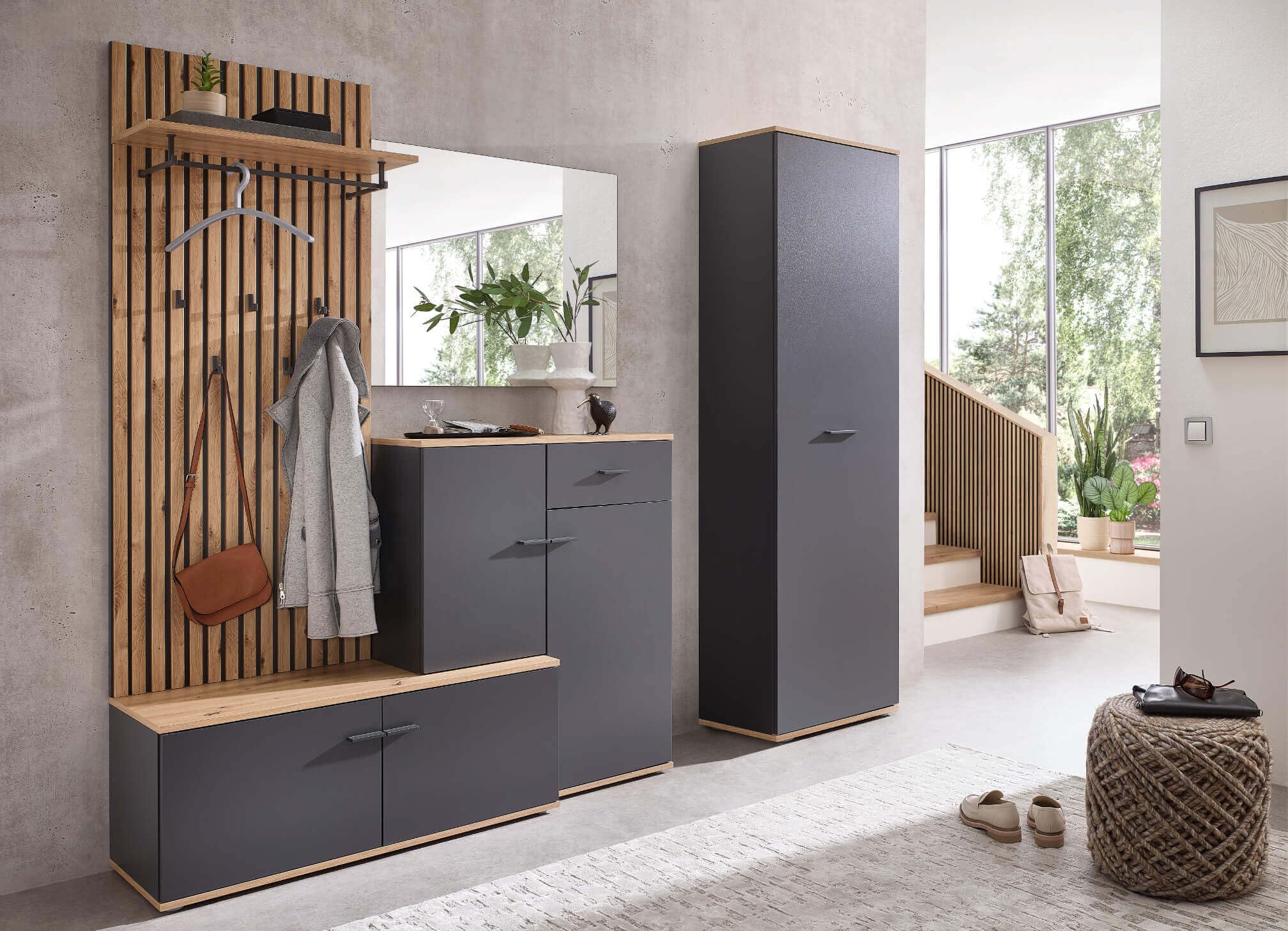 Garderoben-Set Como anthrazit/Artisan Eiche Nb. Flurgarderobe Wandgarderobe Paneel + Schuhschrank + Spiegel optional mit Hochschrank