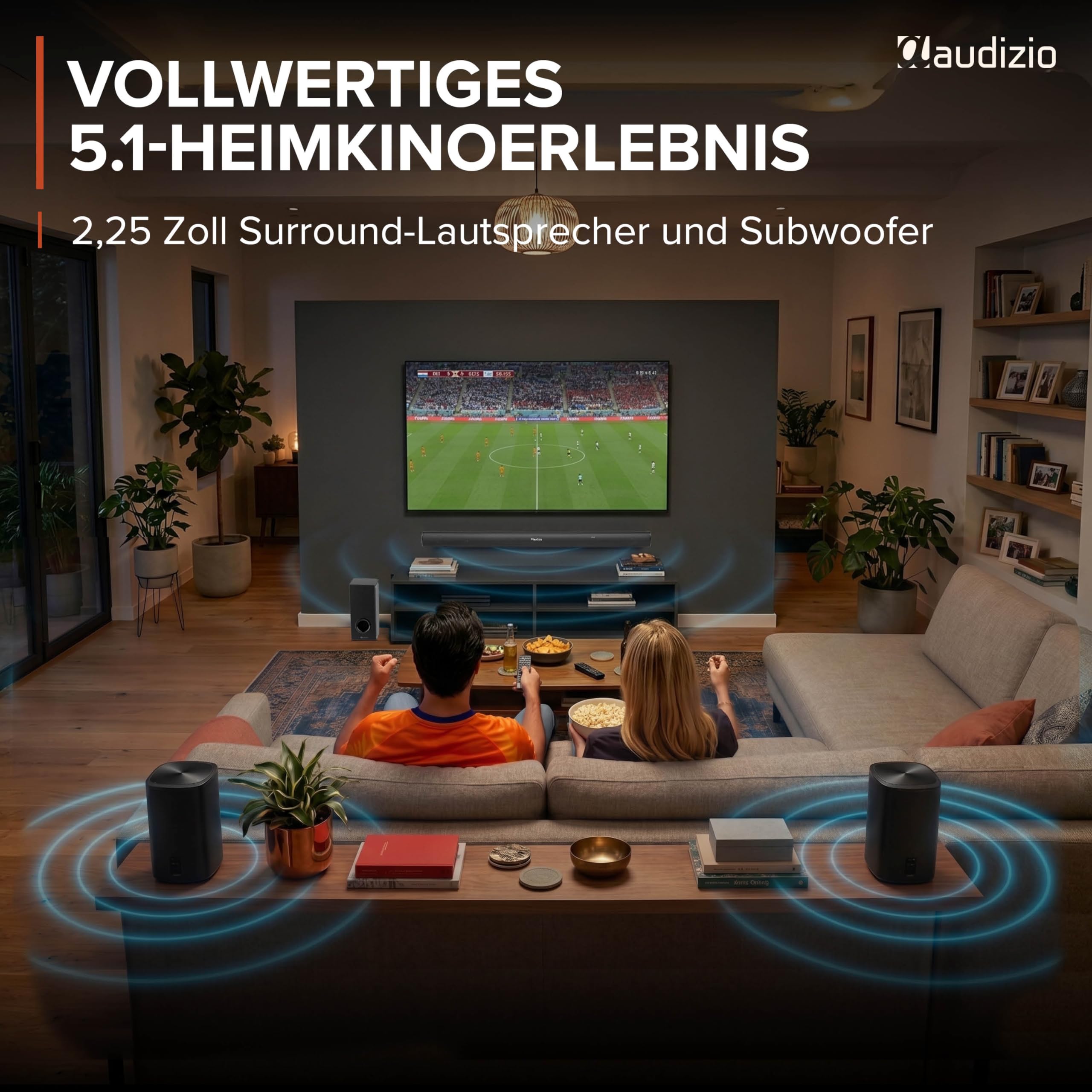 Audizio SB100 5.1 Soundsystem - TV Soundbar mit Subwoofer, 180 Watt, Bluetooth 5.3, Heimkino Soundsystem mit 2 Surround Lautsprecher, HDMI ARC, Optisch, 97cm Soundbar für TV Geräte, Fernbedienung