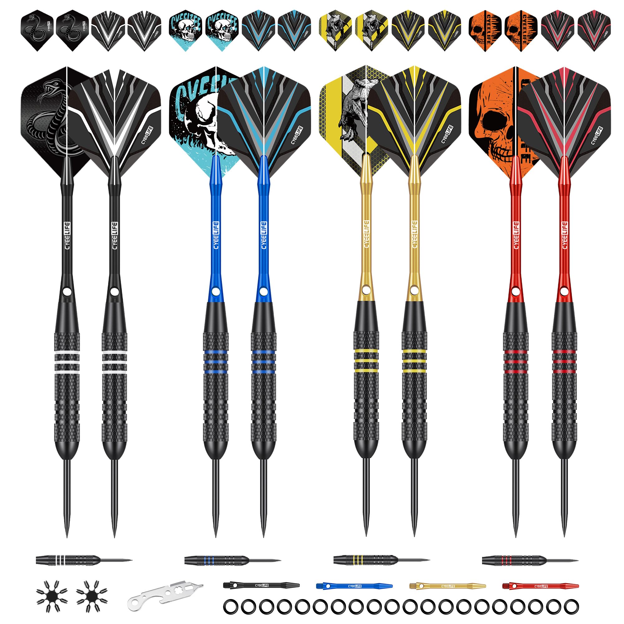CyeeLife Fléchettes avec Pointe Métallique, 12 Professionnelles Fléchettes Pointe Acier, Set de Fléchettes avec tiges en Aluminium, Vols, aiguiseur, Outil avec Joints en Caoutchouc