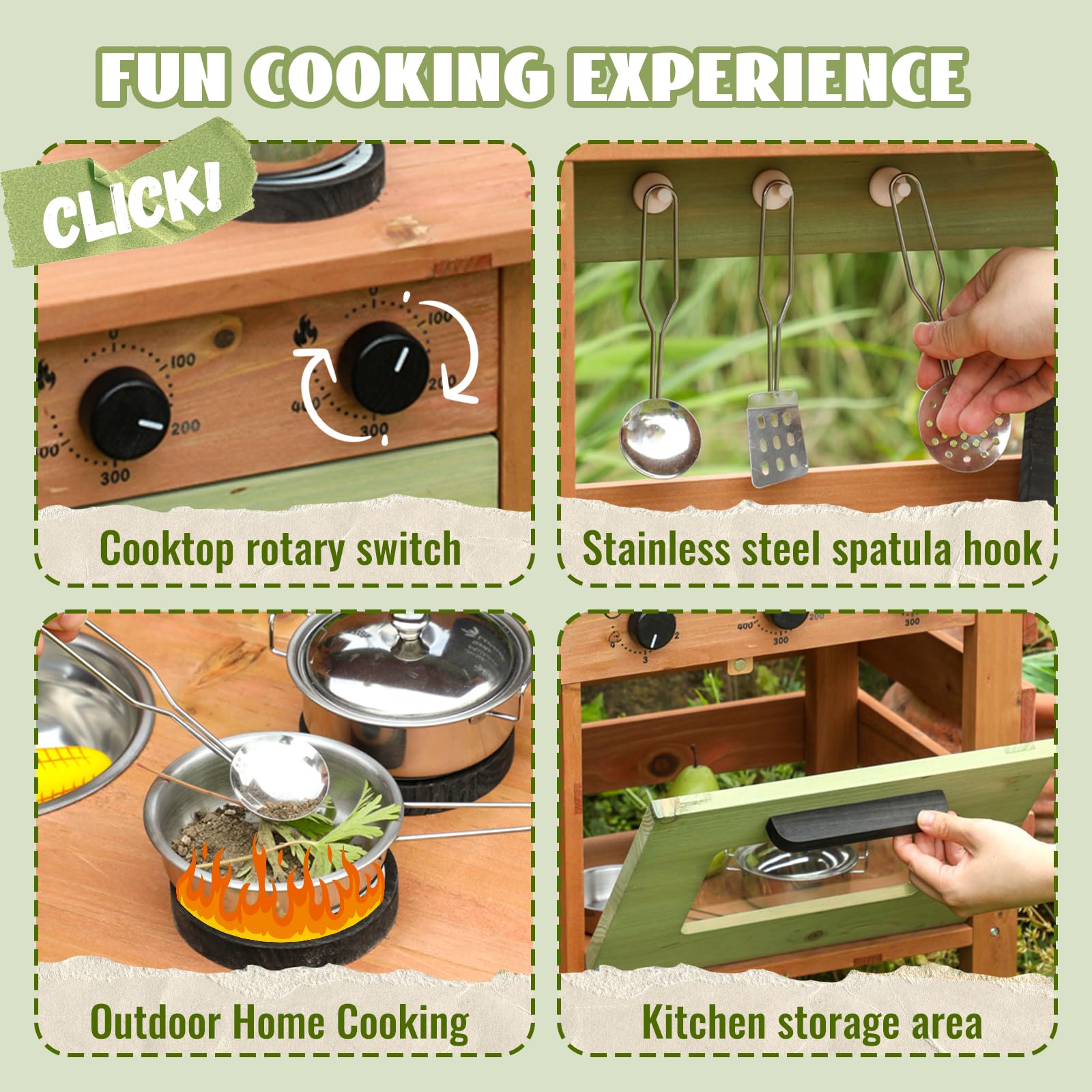 WoodenFun Cocina de juego para exteriores, cocina de jardín, cocina de barro para niños, con pizarra, hervidor de agua, fregadero, recipiente para plantas de madera, cocina infantil (verde)