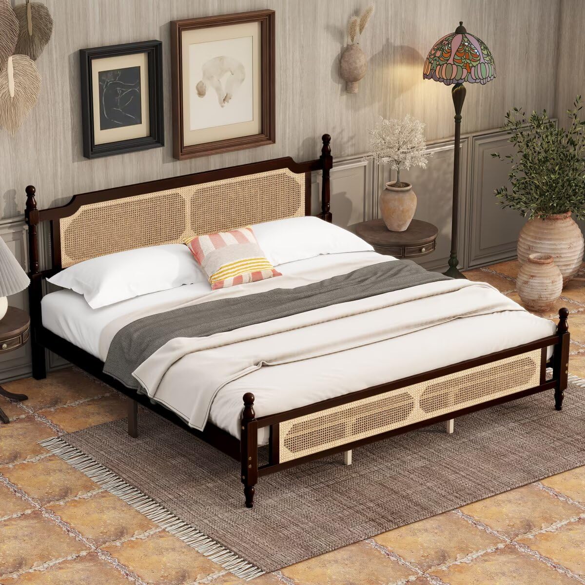 King Size Wood Platform Bed Frame with Rattan Headboard ＆ Footboard, Rattan Bed with Under-Bed Storage ＆ Central Support Feet Solid Slat Easy Assembly