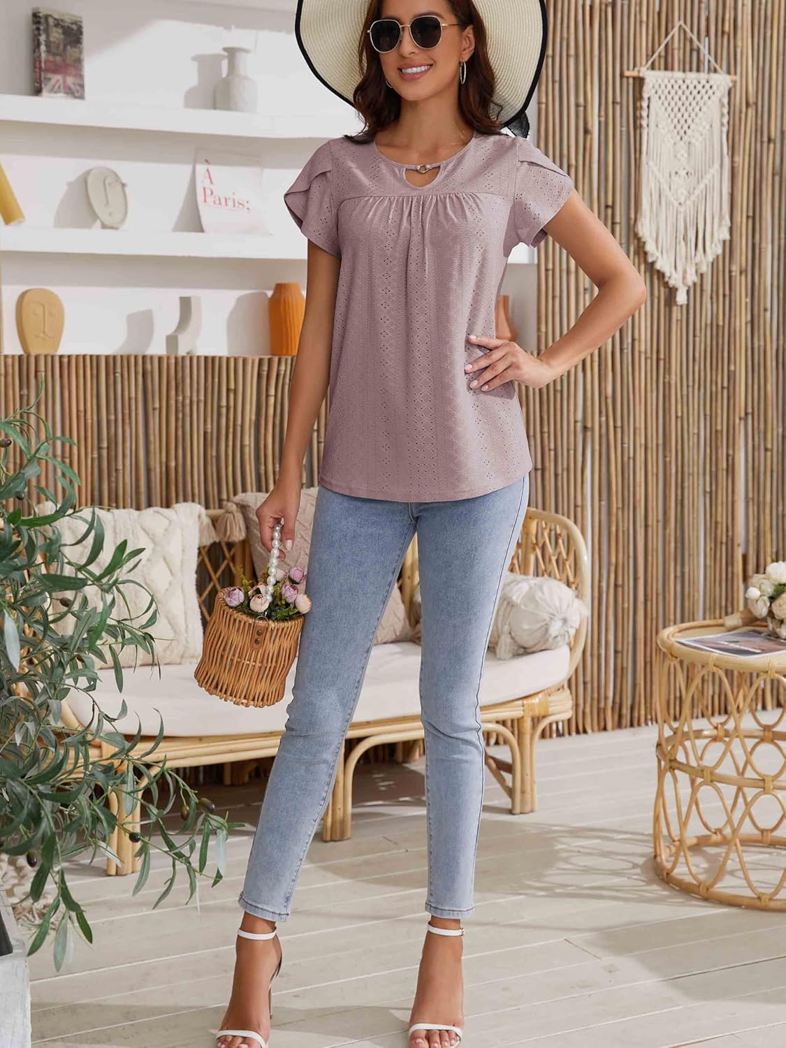 Neineiwu Womens Dressy Casual Short Petal Sleeve Shirts Pleated Loose Tops Blouses - Image 5