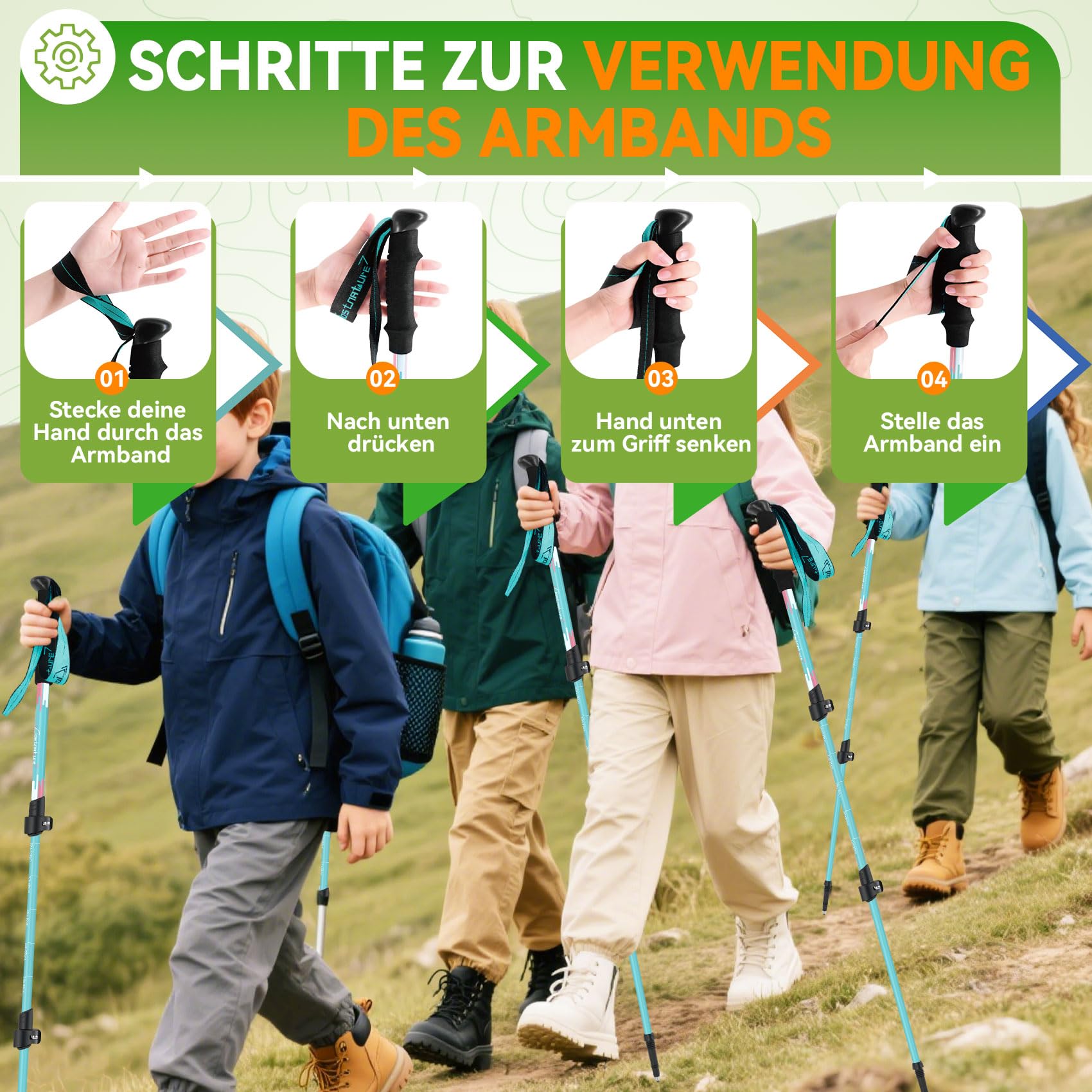 Clostnature Wanderstöcke Kinder Teleskop - Verstellbare Trekkingstöcke für Kinder, 2 Stück Leichte Walking Stöcke aus Aluminium für Wandern, Outdoor, Komfortabler Griff mit Handschlaufe, 50-96 cm