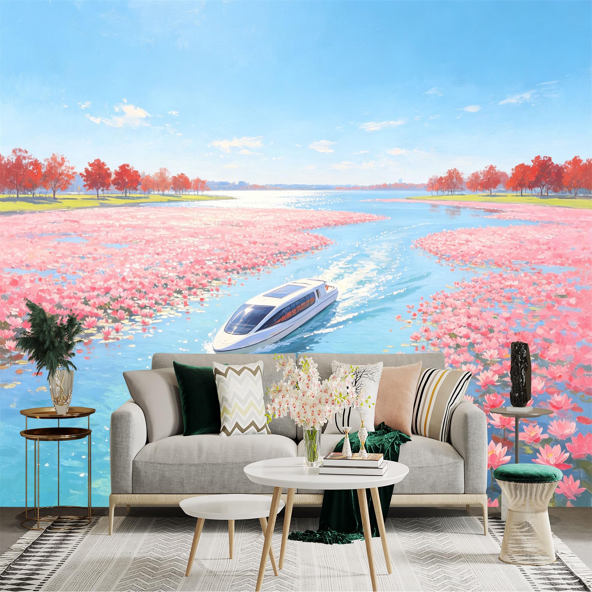 Custom Size Wall Sticker Mural， Modern Cruise Ship Sailing on Serene Lake， Pink Lotus Flowers and Red Maple Trees， for wall Decoration， peelandstick wall Decals.