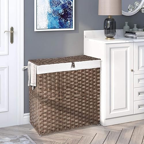 Miniatura 8 de GREENSTELL Cesto para ropa sucia con ruedas, no necesita instalación, cestas tejidas a mano divididas de 90 litros y 2 bolsas de forro extraíbles,