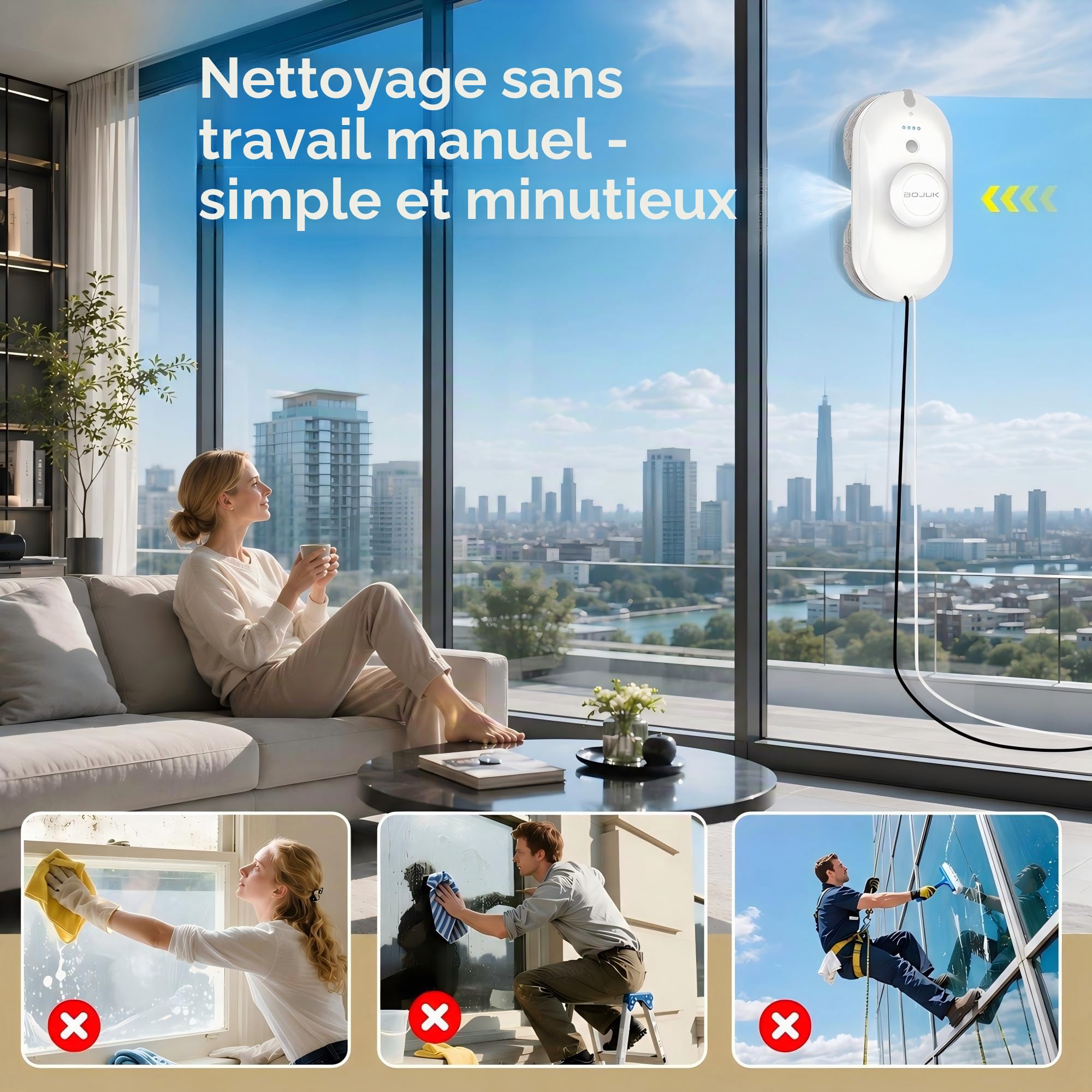 Robot lave-vitres, Robot lave-vitres 5000Pa, Système de pulvérisation double, Réservoir de 100ml, Navigation intelligente, 3 modes, Détection des bords, UPS, Nettoyage sans faille pour le verre
