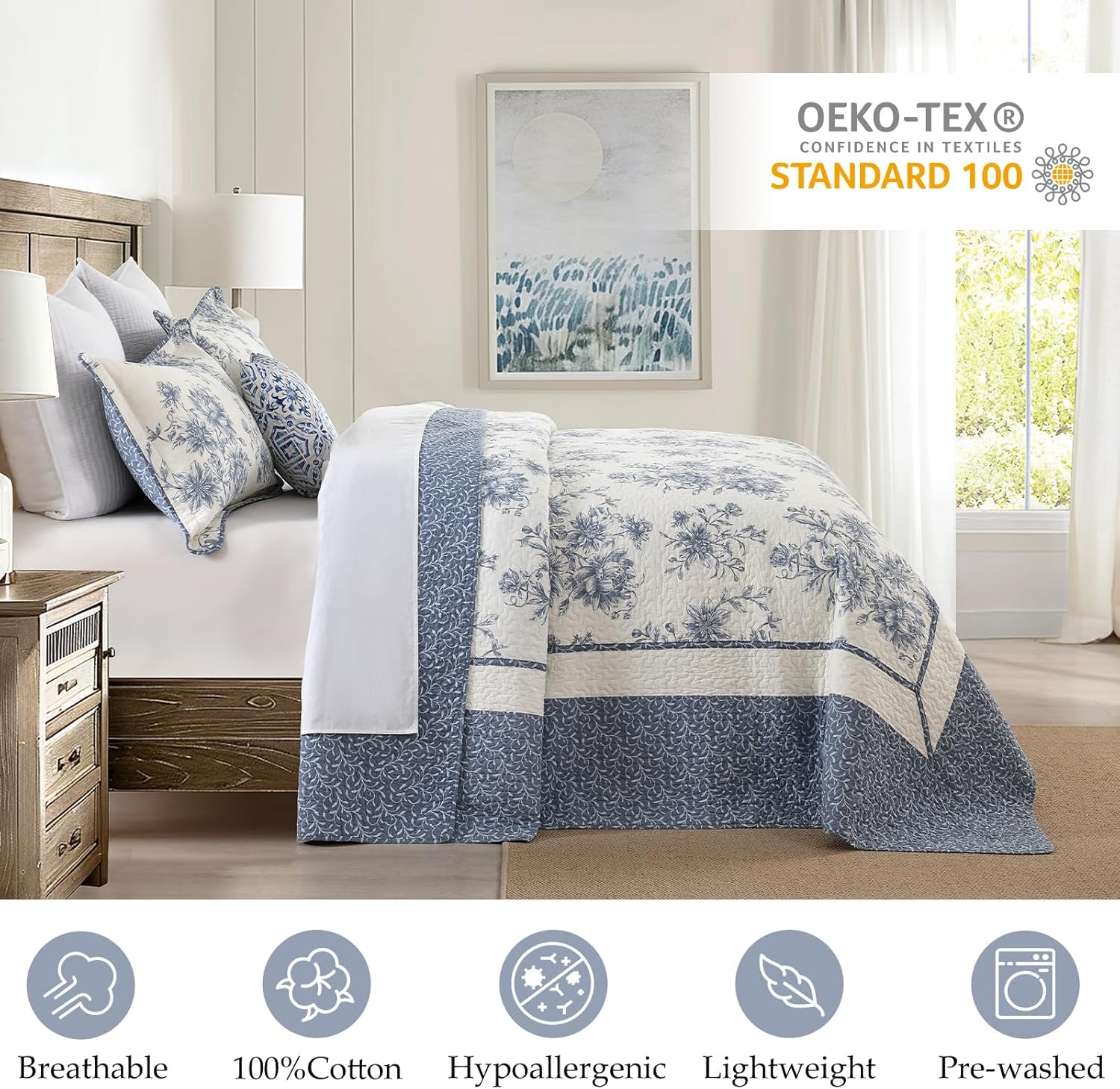 Floral Bedspread 120"x120" Oversized King Bedspread, 100% Cotton California King Quilt with 2 Pillow Shams, Lightweight Garden Quilted Bedspreads Coverlet Set, Blue/Cream, 3 Pcs - Image 3