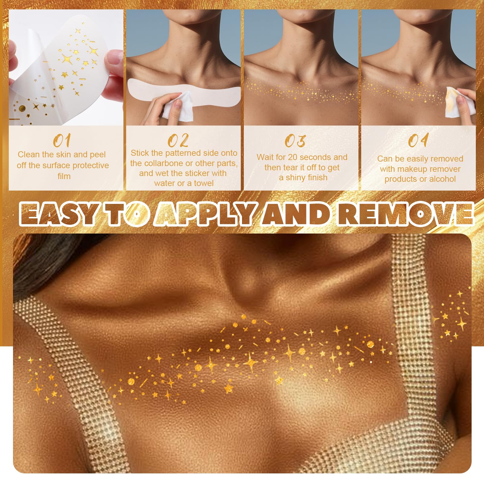 Prreal 6PCS Body Glitter Temporary Tattoos,Metallic Collarbone Fake Tattoo Stickers,Waterproof Gold Sparkle Tattoos,Women Festival Accessories for Carnival and Parties,6 patterns - Image 4