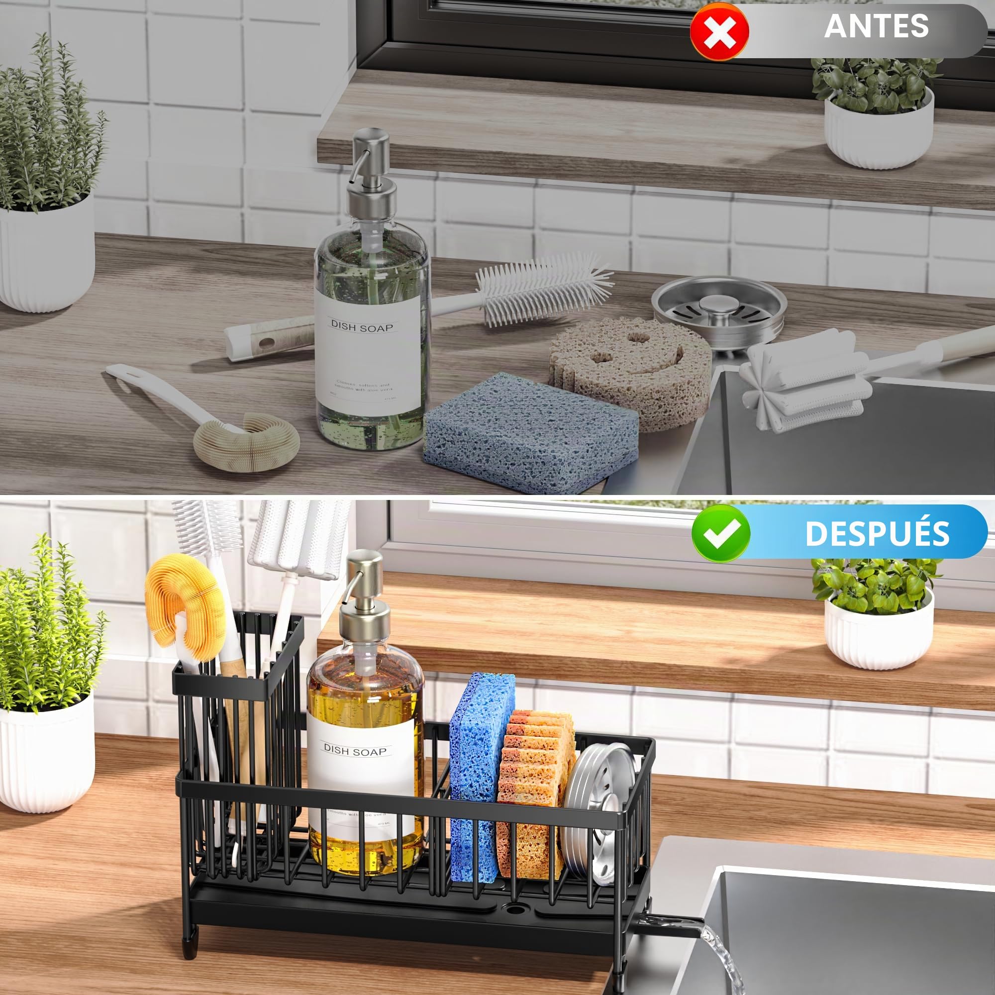Cisily Portaesponjas para fregadero de cocina, organizador de fregadero con soporte alto para cepillos, acero inoxidable 304, divisor para jabón y almacenamiento del dispensador, negro