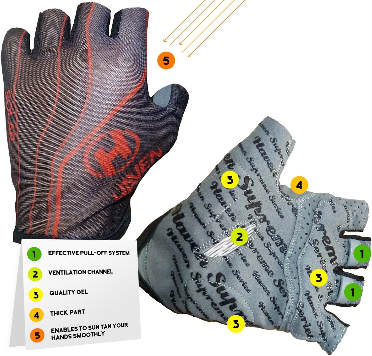 Haven SOLAR Cycling Gloves Short - Enables to Sun tan Your Hands Smoothly - Durable, Light, Comfortable with Effective Pull-Off System