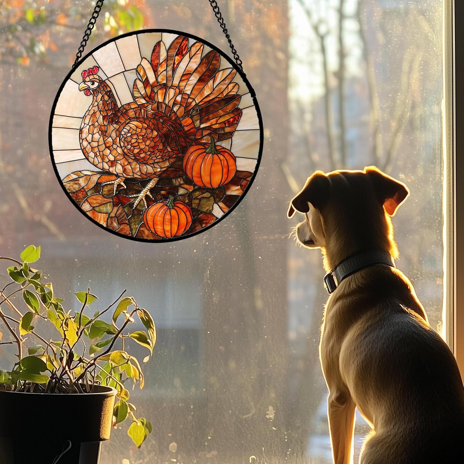 Stained Glass Window Hanging 4 Pcs Set Brown Turkey Berry Corn 7.8" - Suncatcher Door Garden Sun Catcher Decor Birthday Thanksgiving Mother's Day for Mom Woman Nana Men